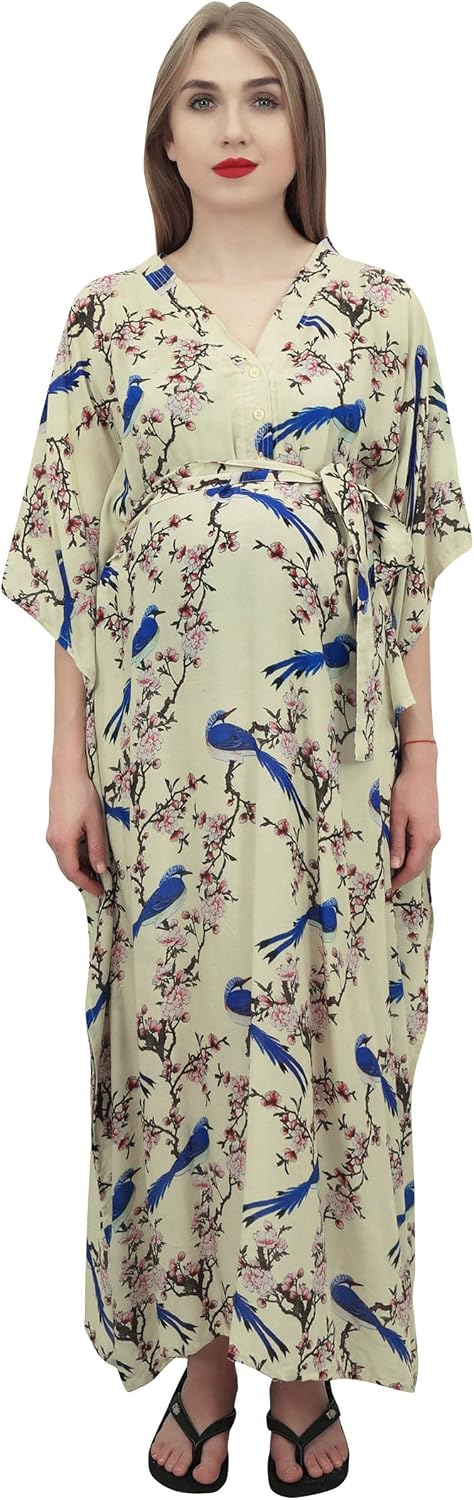 Bimba Moms Printed Maternity Kimono Sleeve Kaftan Nursing Maxi Dress
