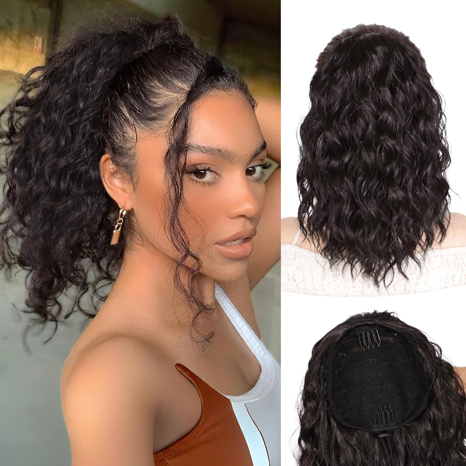 QGZ Curly Ponytail Extension 14 Inch Drawstring Ponytail for Women Synthetic Short Curly Wavy Fluffy Clip in Ponytail Hair Extensions for Women(Dark Brown)