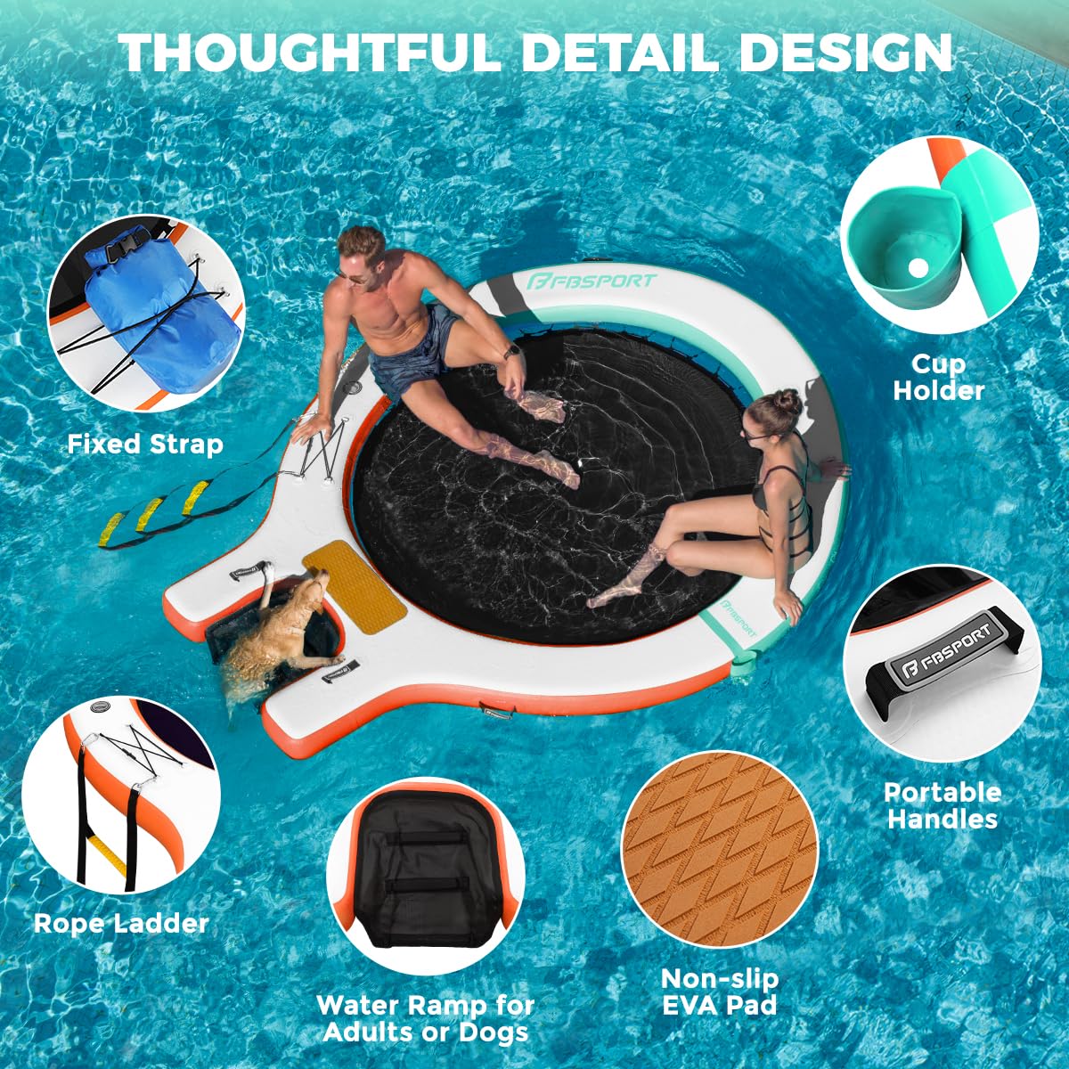 Piattaforma Galleggiante Gonfiabile Sunchill 240 cm per 3-5 Persone con Rampa per Cani, Isola Gonfiabile Rotonda con Scaletta Rimovibile, Portabicchieri, Pompa ad Aria e Borsa per Piscina, Lago e Mare
