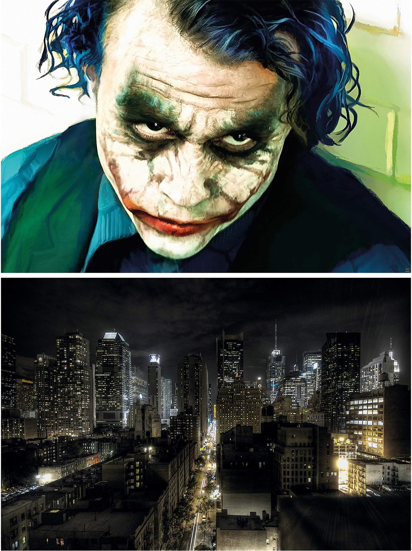GREAT ART Set of 2 XXL Posters – Joker & Manhattan at night – film motif New York City skyline comic anti-hero villain big city wall picture decoration photo poster (140 x 100cm)