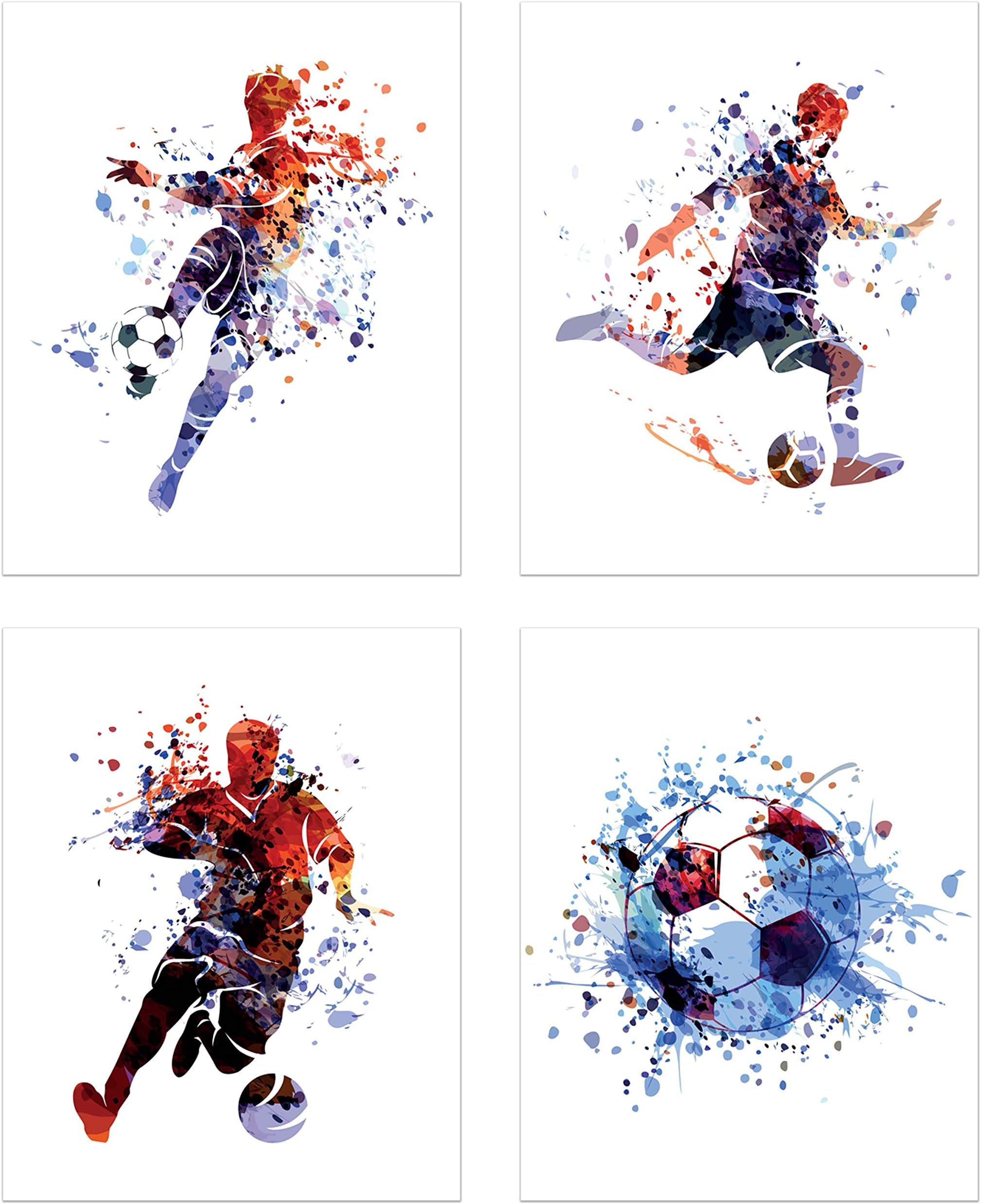 Soccer Wall Art Prints,Set of 4 (8x10) Unframed Soccer Posters,Soccer Room Decor For Men Kids Teenagers,Soccer Poster Set For Bedroom Man Cave,Soccer Wall Decor,Soccer Boys Bedroom Decor,Watercolor