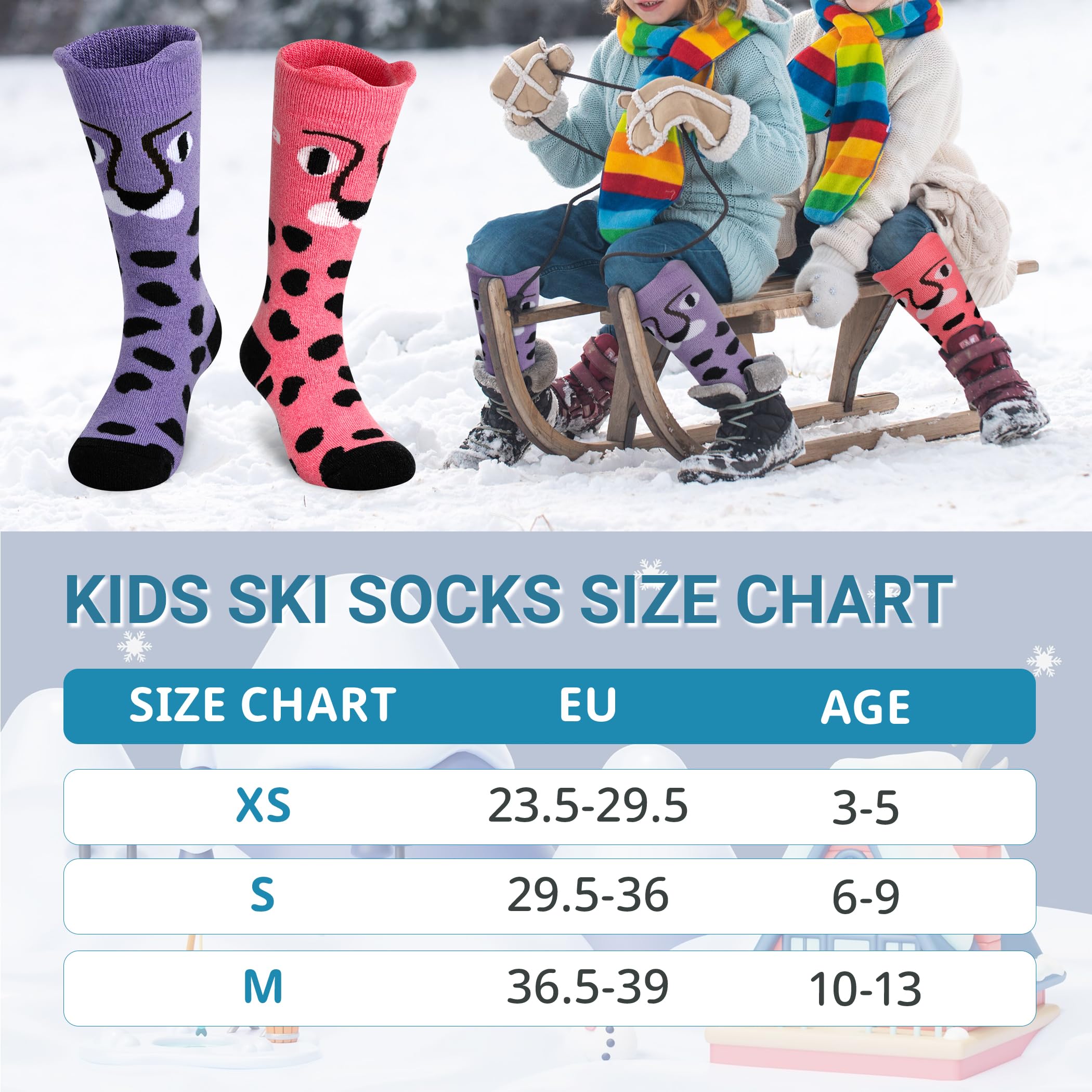 Muezna 2 Paar Kinder Merinowolle Skisocken, Jungen Mädchen Winter Thermosocken Kindersocken Sportsocken Knie-High Warme Dicke Skifahren Skaten Socken (OTC)