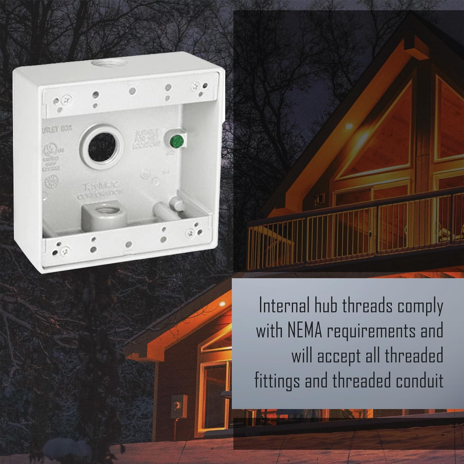 TayMac 4.5 x 4.5 Inch 2-Gang White 2-in. Deep Weatherproof Junction Box with Three .5-inch Threaded Holes DB350WH, Outdoor Electrical Box for Outdoor Outlets or Branch Circuit Wiring