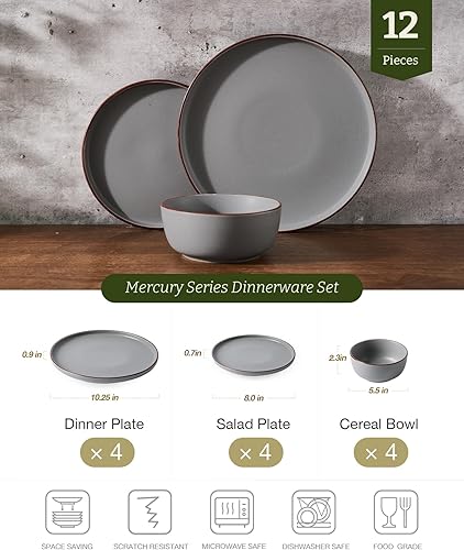 Miniatura 2 de Famiware Mercury - Juego de platos y tazones de cerámica, 12 piezas, apto para microondas y lavavajillas, color gris oscuro
