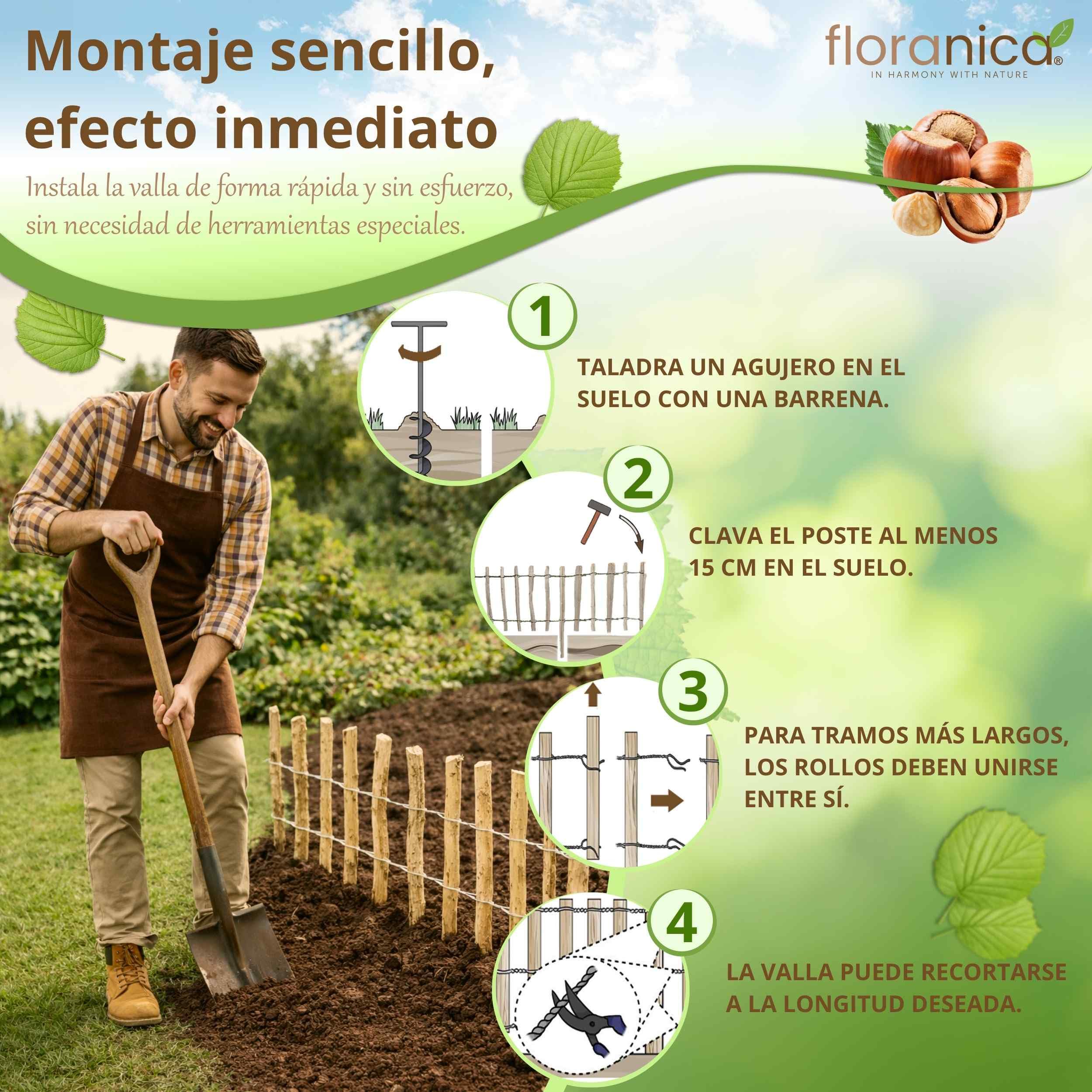 Floranica Valla de estacas de avellana con postes altura 50 cm x 5 m distancia entre lamas 4-6 cercas de jardín de castaño Valla de madera bordes de parterre vallas enrollables