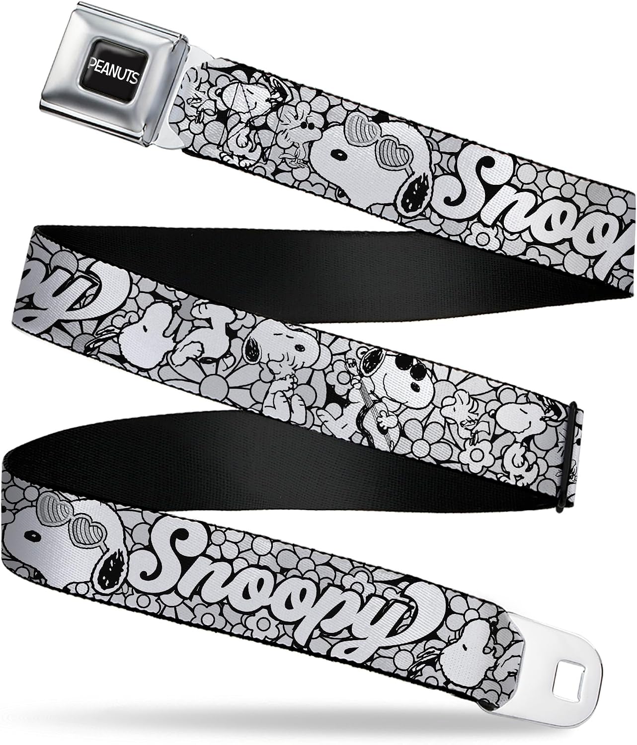 Peanuts Belt, Seatbelt Buckle Belt, Snoopy Poses and Daisy Flowers Collage Black Grays White, Adjustable