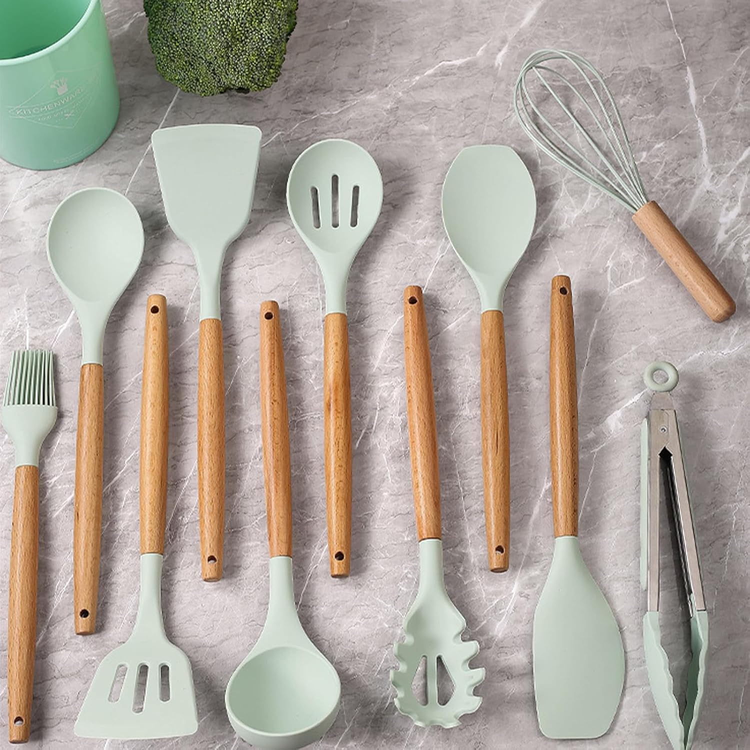 KSENDALO 12-Piece Silicone Kitchen Utensil Set with Holder – Wooden Handle, Heat Resistant Non-Stick Cooking Tools for Baking, Frying & Stirring (Aqua)
