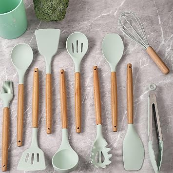KSENDALO 12-Piece Silicone Kitchen Utensil Set with Holder - Wooden Handle, Heat Resistant Non-Stick Cooking Tools for Baking, Frying & Stirring Aqua