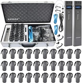 EXMAX-EX-318 Wireless Audio Tour Guide System with Headset Mic 2.4G for Church,Teaching,Translation,Hajj,Conference,Listening,Museum(4 Transmitters 60 Receivers with 64-SlotCharging Case USB-C)