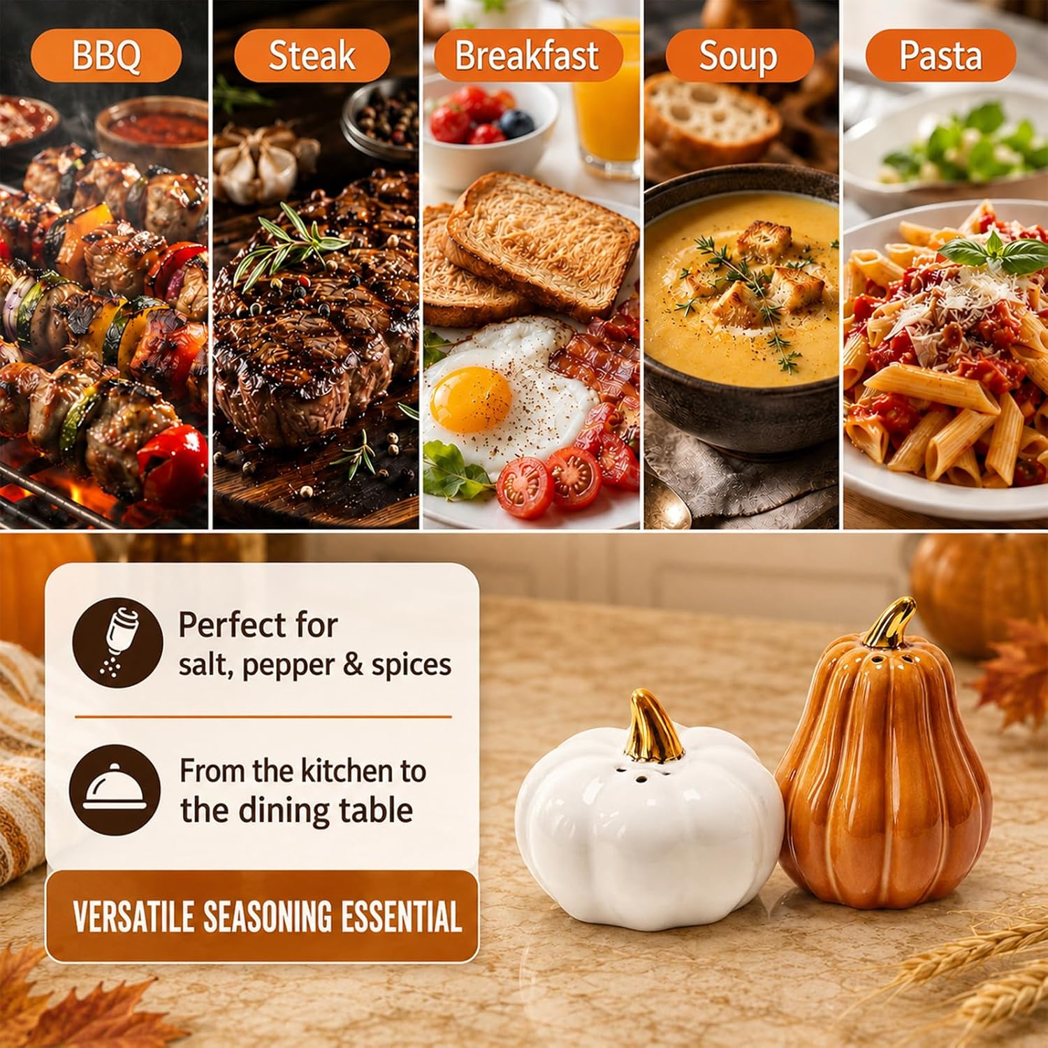 FYSUIMU Mini Pumpkin Salt and Pepper Shakers, White Orange, Ceramic, 2Pcs