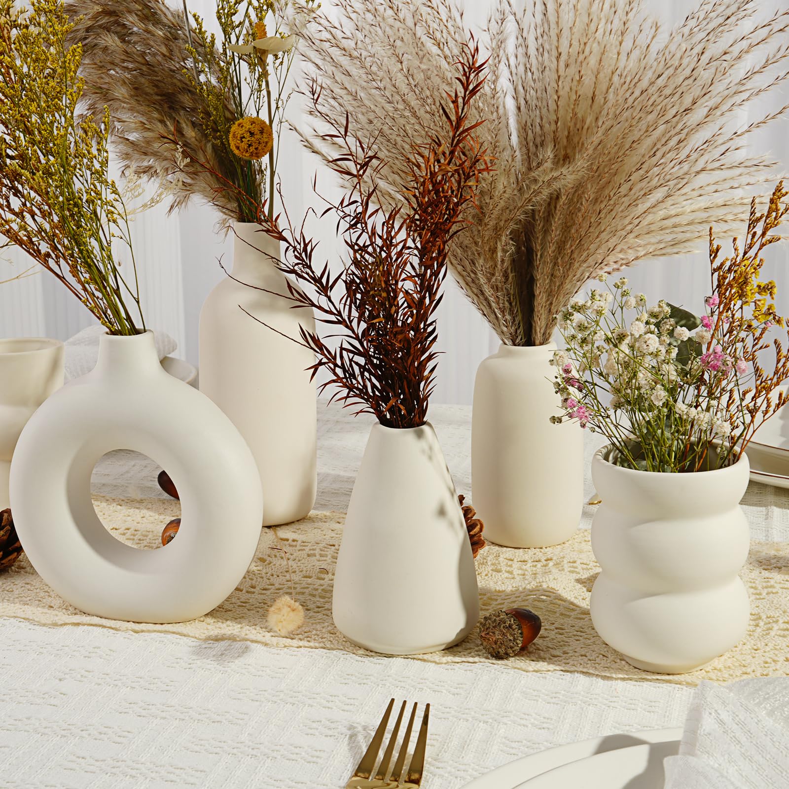 Juego de 10 jarrones pequeños de cerámica blanca a granel, modernos jarrones bohemios para hierba de las pampas, flores, jarrones decorativos de cerámica blanca para decoración del hogar, decoración 5