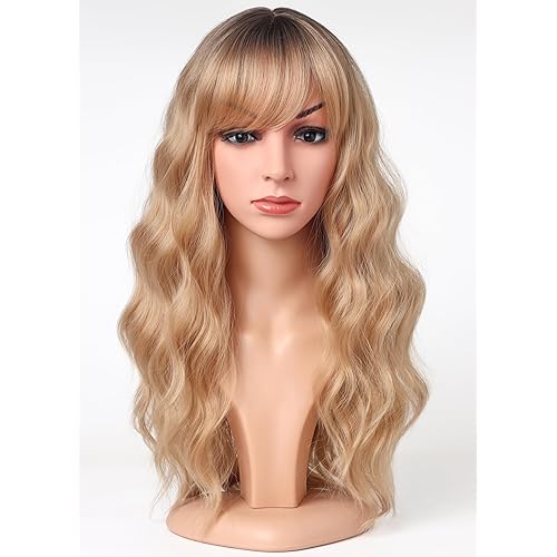 Medium Long Blonde Wavy Wigs For Women Synthetic Full Hair Blonde Wigs With Bangs For Daily Use (Blonde), 18 Inch