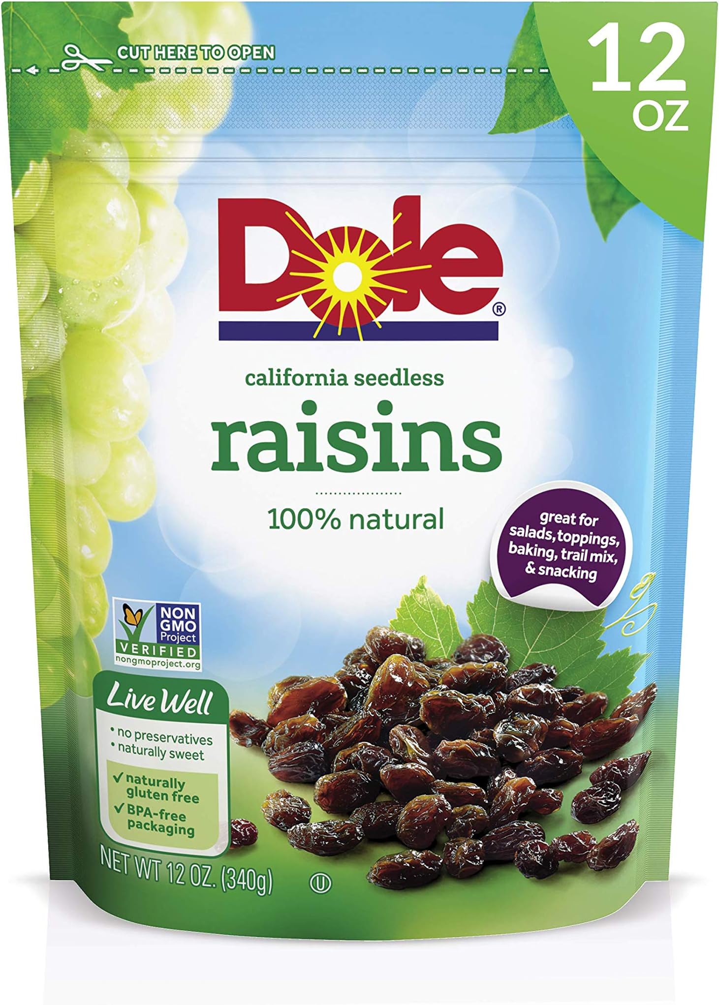 Dole California Seedless Raisins, Dried Fruit, Healthy Snack, 12 Oz