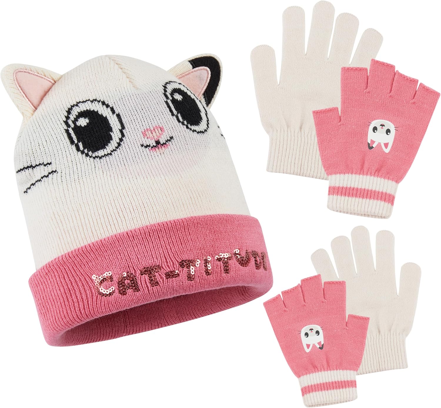 Ensemble Bonnet Et Gants Gabby's Dollhouse Fille - Tricot Acrylique Chaud - Taille 3-7 Ans