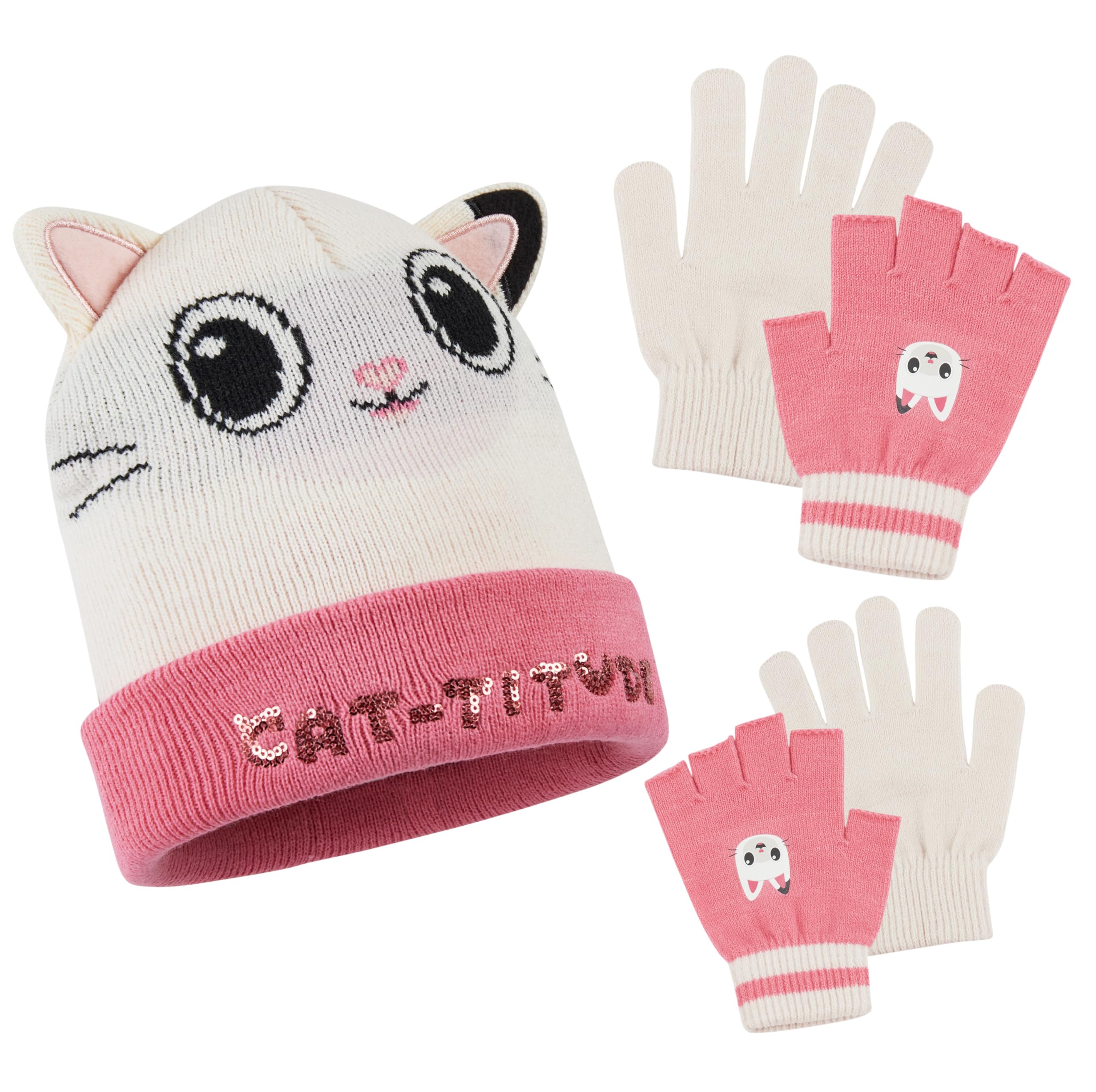 Gabby's Dollhouse Girls Pink/White Gabby's Dollhouse Winter Accessories Set Beanie Hat And Gloves Gifts (, 2-8 Years)
