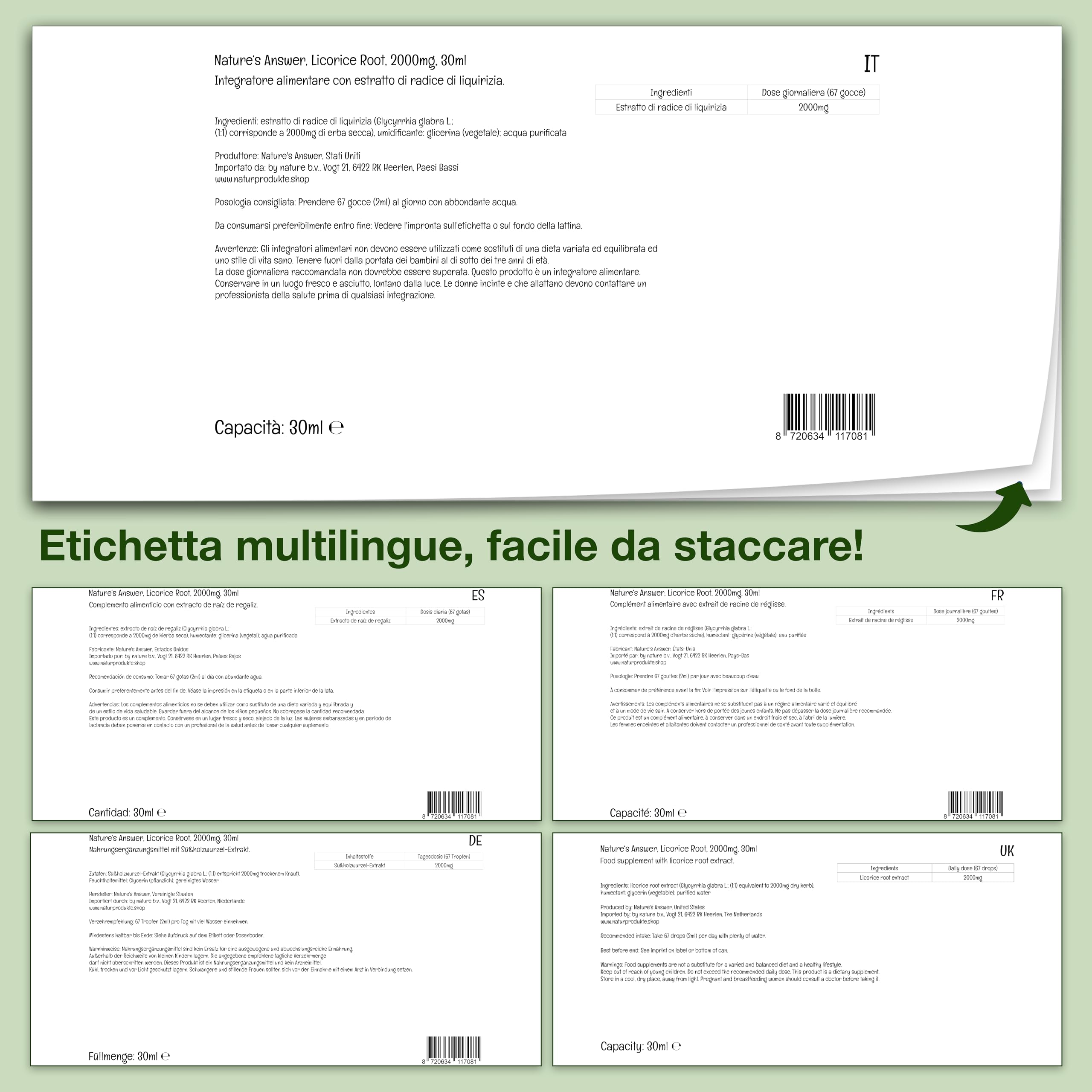 Nature's Answer, Licorice Root, 2000mg, 30ml, Testato in Laboratorio, Senza Glutine, Senza Soia, Vegetariano