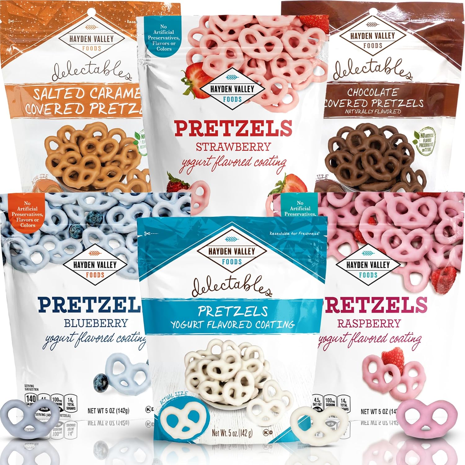 Hayden Valley Foods Yogurt Covered Pretzel Variety Pack | 5 oz Resealable Bags (Pack of 6) | Raspberry, Blueberry, Vanilla, Strawberry, Chocolate, Salted Caramel | Gourmet Naturally Flavored Pink, Blue and White Pretzels