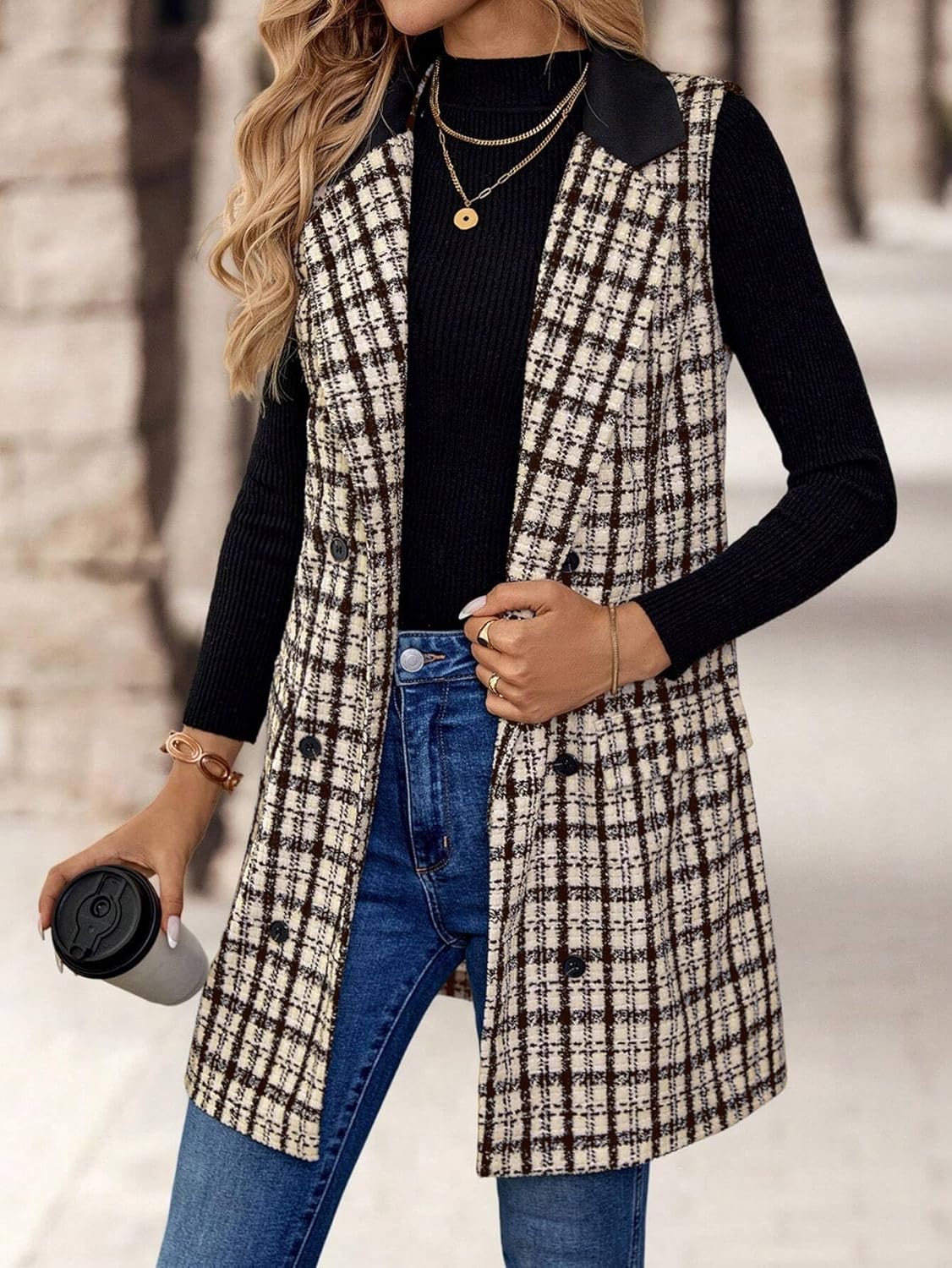 IDEALSANXUN レディース ロング ツイード ベスト 秋冬 ノースリーブ ブレザー ジャケット トレンチコート