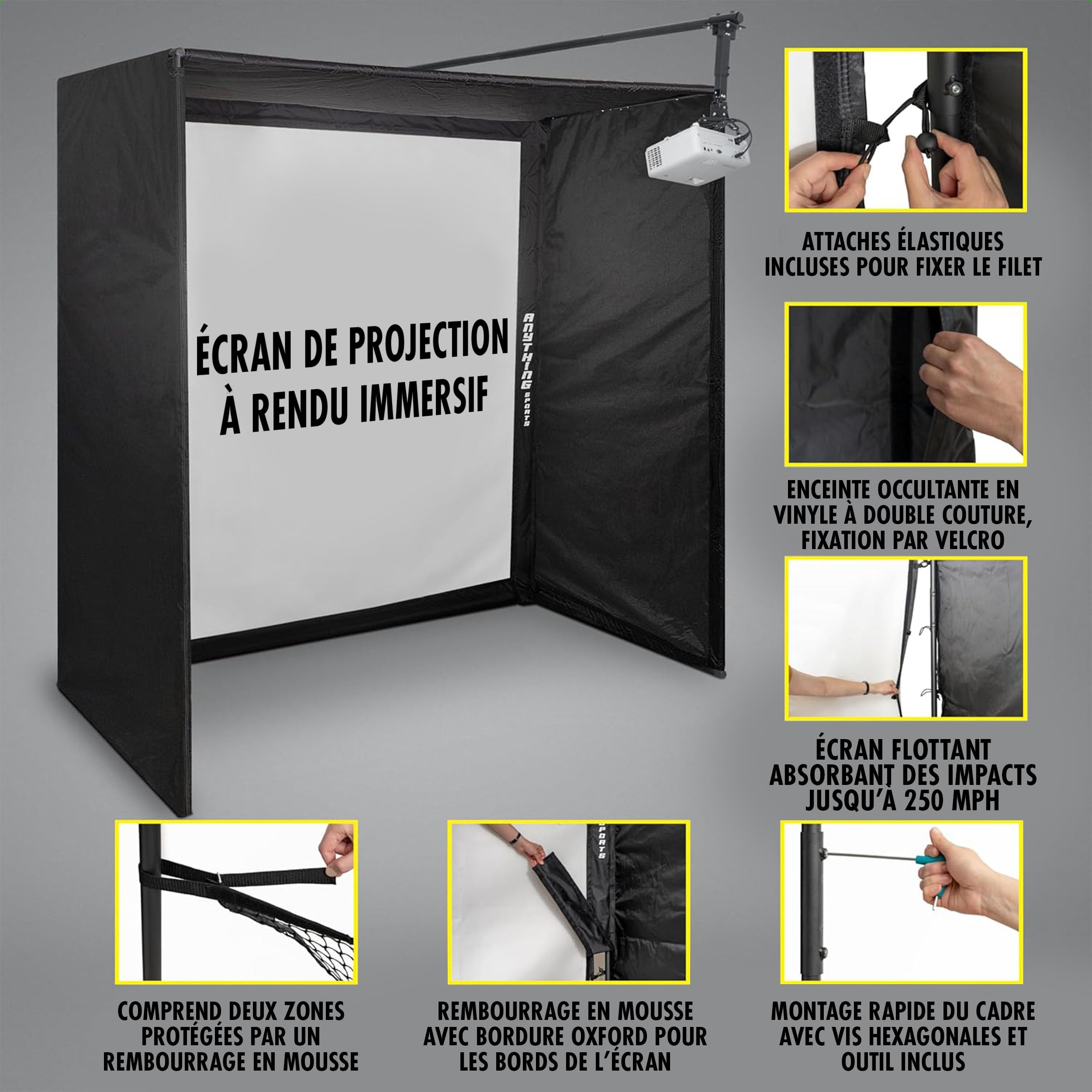 Anything Sports - Boîtier De Simulateur De Golf avec ÉCran D'impact 4k Et Filet De Protection - Cage D'entraînement Intérieure Complète - Structure en Métal