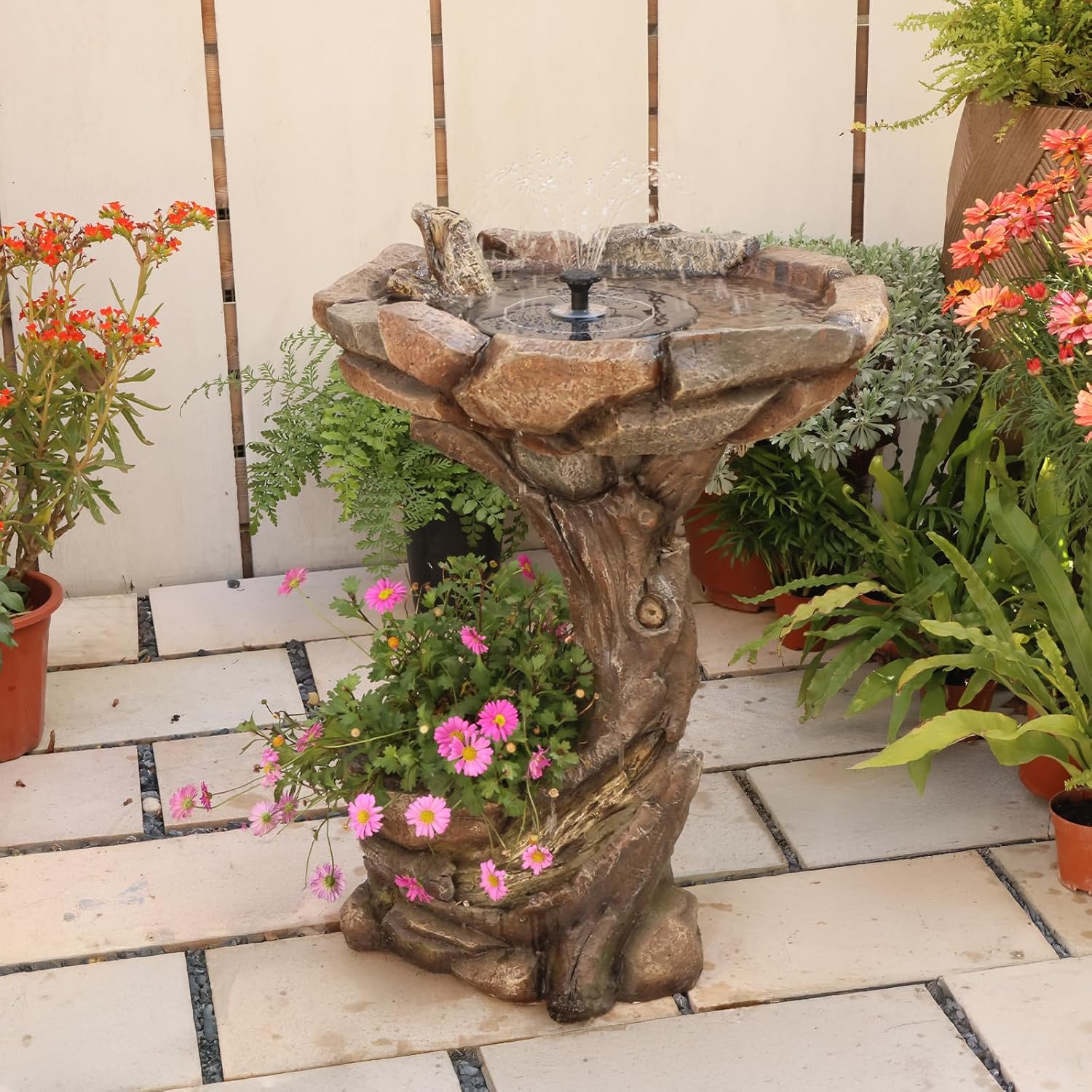 Solar Power Bird Bath Fountain Outdoor with Stone & LED Lights, Resin Bird Water Fountain, 24" Garden Water Feature, Electric Outdoor Water Fountain for Patio Yard