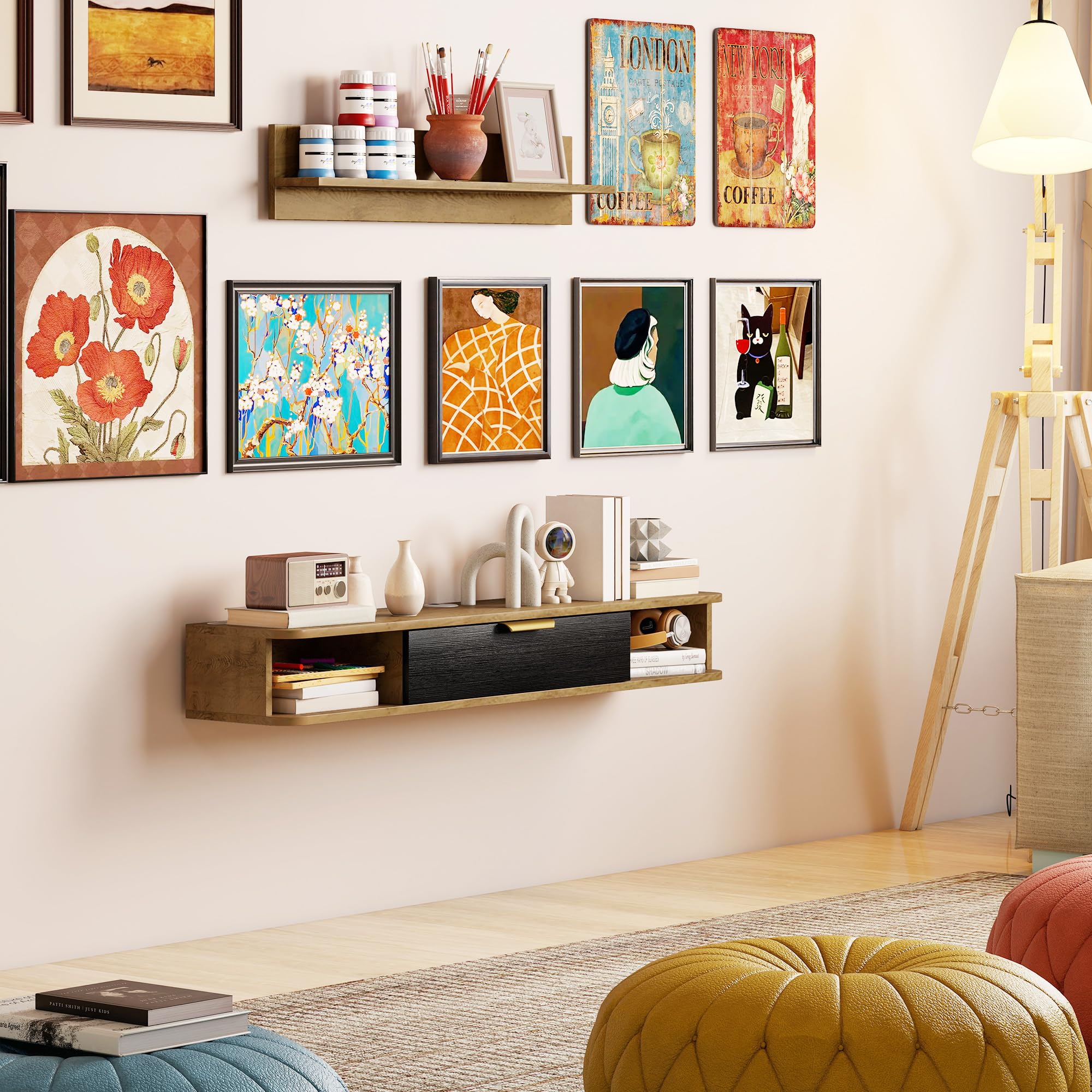 HOMCOM Ensemble de Meubles de Salon, Meuble TV avec étagère Murale, Porte, étagères Ouvertes, Trous pour câbles, pour télévision Murale, 120 x 24 x 16 cm, chêne
