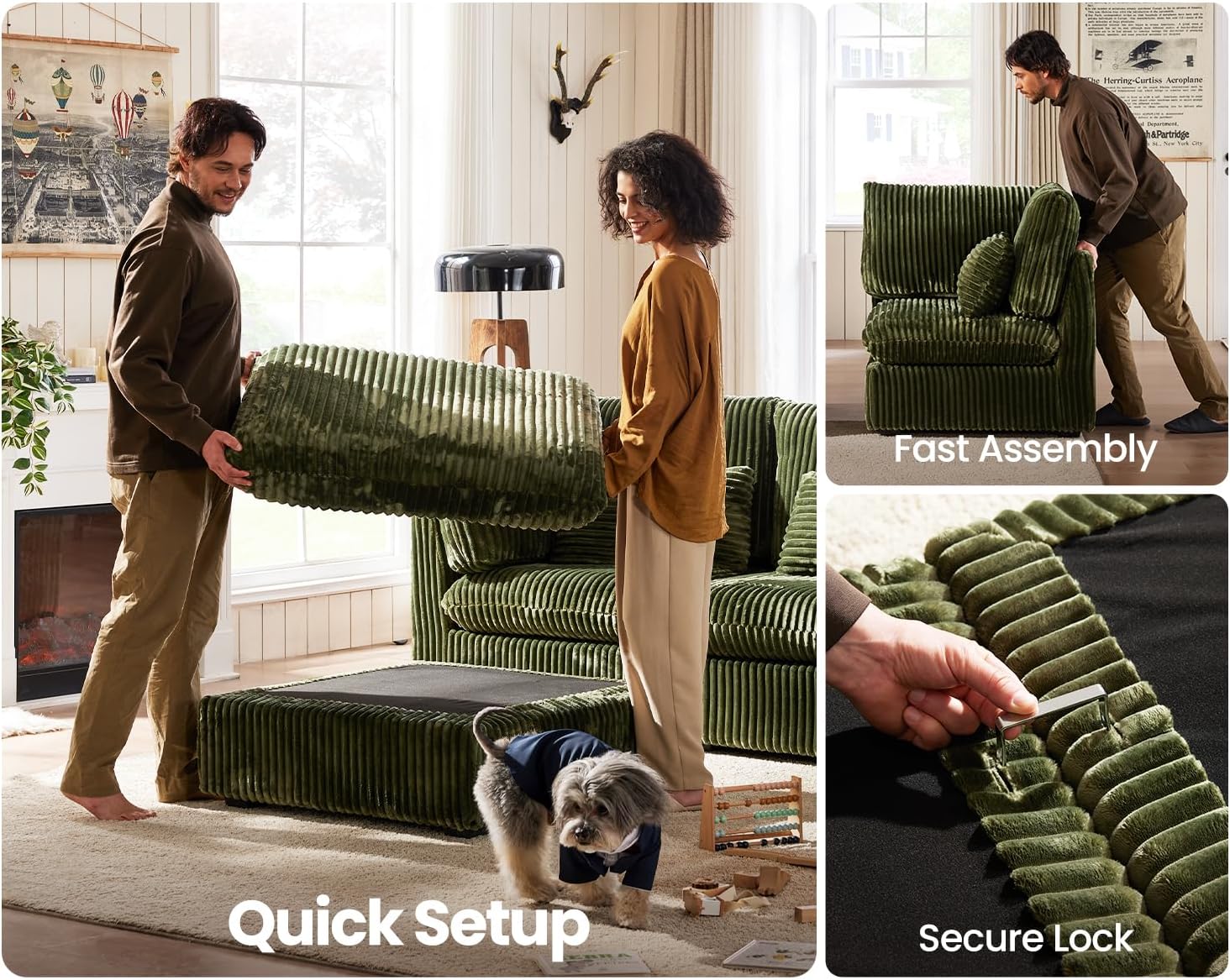 CHIC HOUSE Module for Modular Oversized Couch, Corduroy Customizable Chaise, Chenille Fabric Ottoman for Sectional Sofa, Upholstered Convertible Seater Corner (Single Ottoman, Plush Corduroy-Green)
