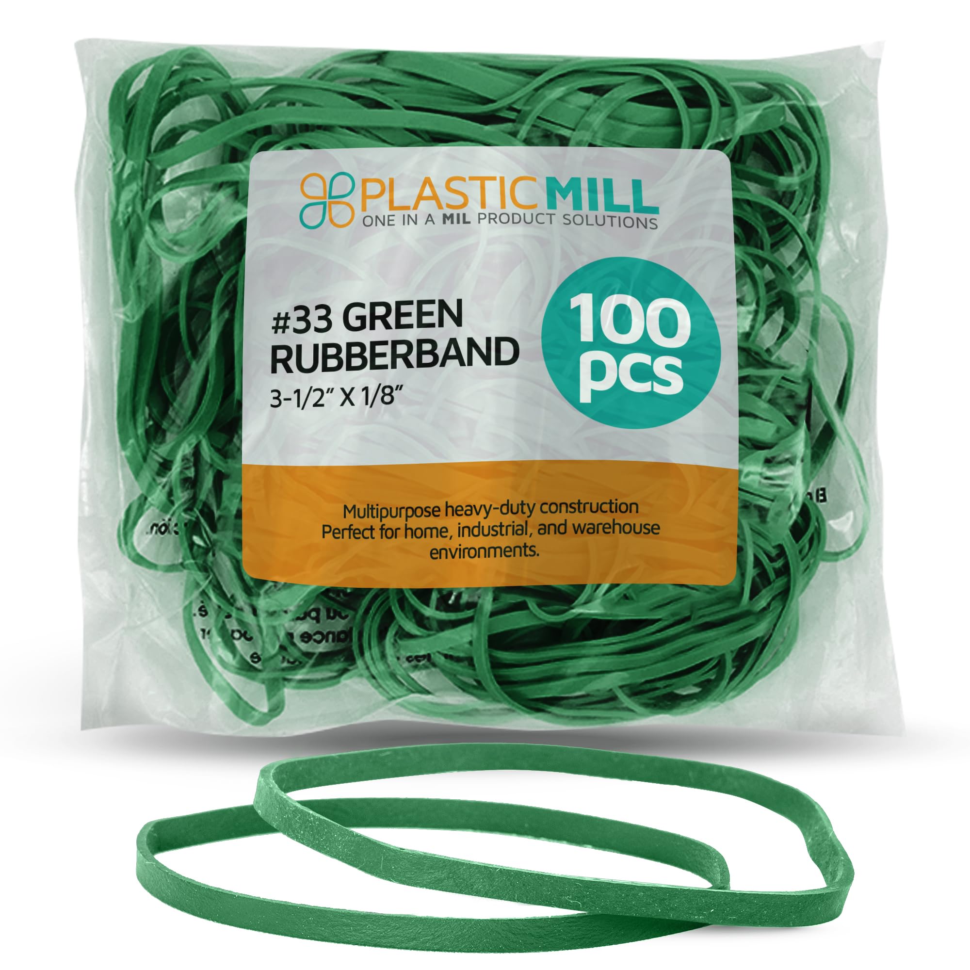 PlasticMill Rubber Bands - #33 Size - Green Rubberbands - 100 Count.