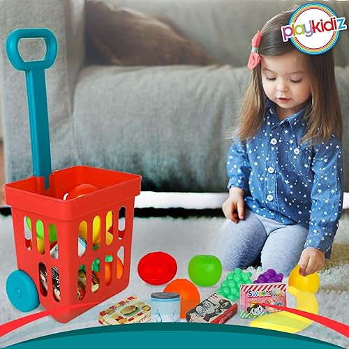 Miniatura 7 de Playkidz Juego de carrito de compras de juguete, juguetes de plástico para alimentos, juego interactivo, recursos de aprendizaje y diversión de