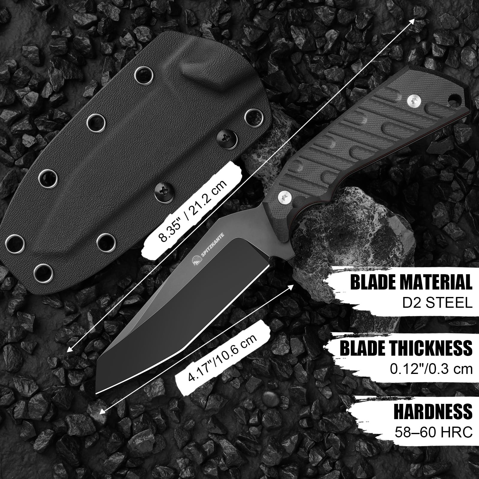 Coltello Da Collo Fodero In Kydex E Clip Da Cintura Regolabile, Lama Da 10,6 cm Acciaio D2, Coltello Lama Fissa, Manico In G10 Tutto Nero