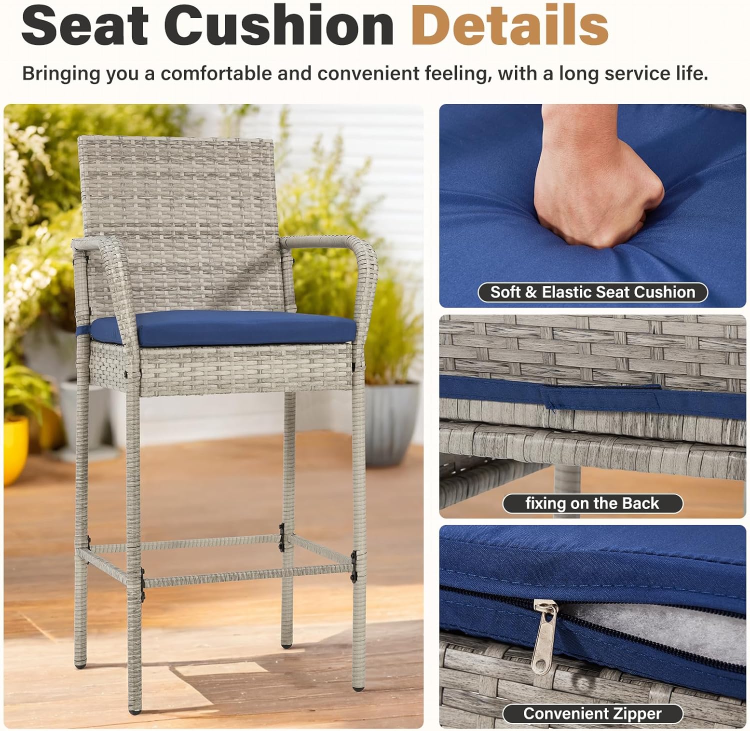 ECOTOUGE Set of 2 Patio Rattan Barstools, All-Weather Wicker Bar Height Chairs with Armrest & Backrest, Soft Cushion, Footrests, Outdoor Furniture for Backyard, Pool, Garden, Grey