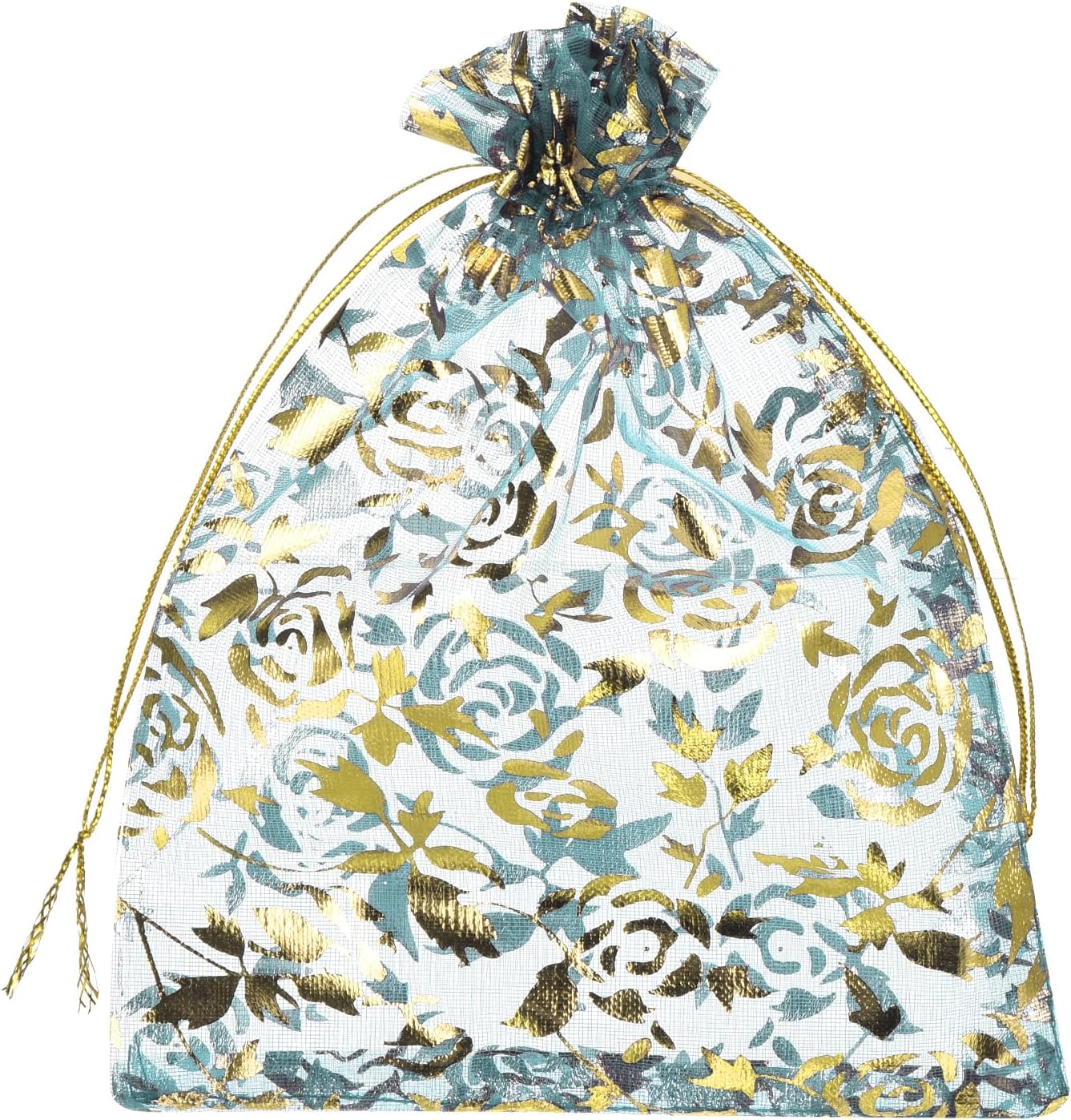 MECCANIXITY Organza Bag 5" x 7", Sheer Flower Heart Mesh Bags Drawstring Gift Bags Bulk Party Favor Bag Jewelry Pouches for Wedding Candy Valentines (Light Blue-Gold, Pack of 50)