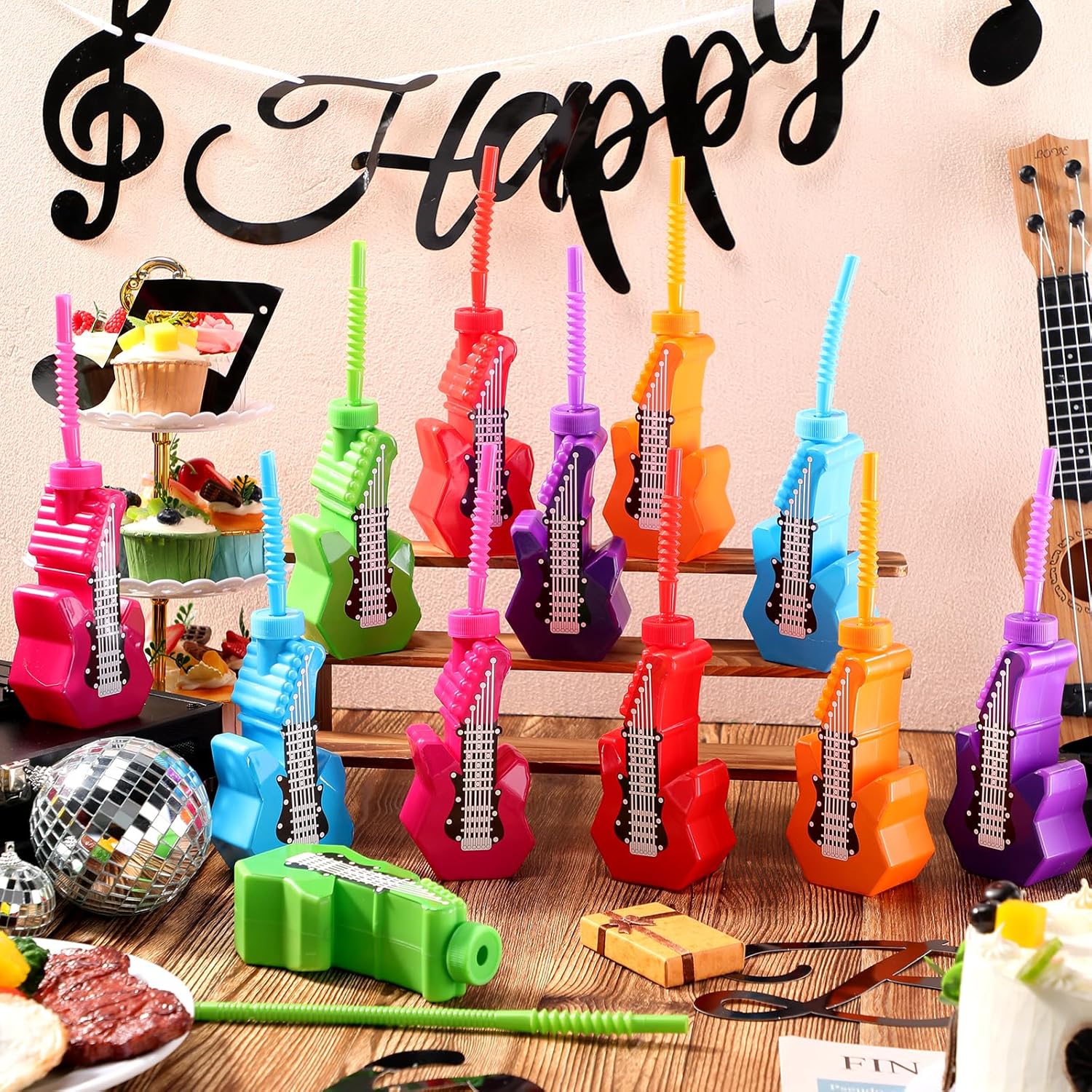 Tanlade 24 Pcs Electric Guitar Cups with Straws 10 oz Plastic Music Theme Cups Rock and Roll Party Favors Retro 80s 90s Birthday Party Supplies for Musical Birthday Baby Shower Guitar Lovers Gifts