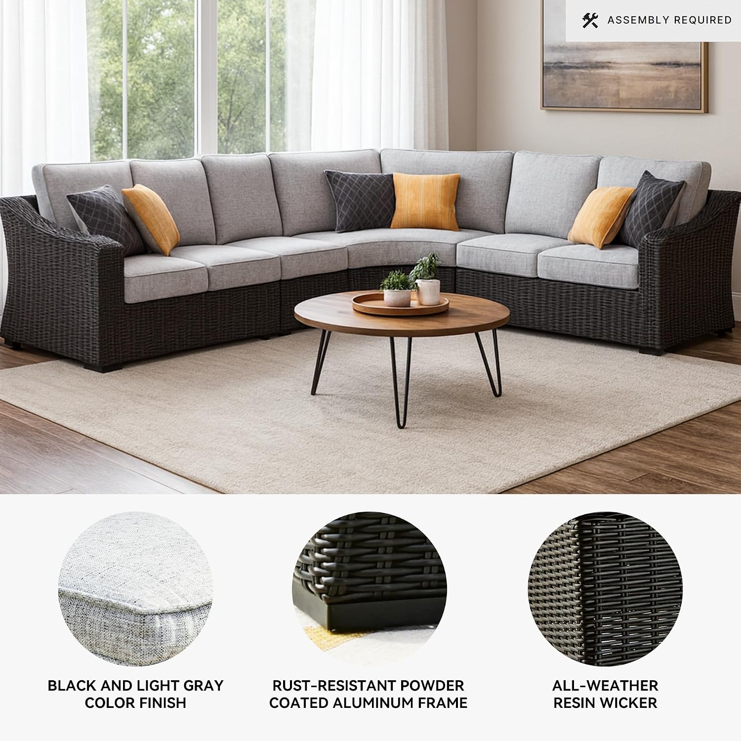 Signature Design by Ashley Beachcroft Curved Modern 4-Piece Outdoor Sectional with Cushion and 6 Throw Pillows, Light Gray