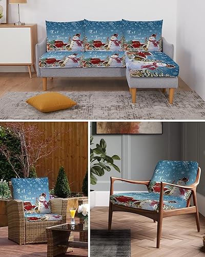 Miniatura 6 de Wowouhiya Blue Snowman Christmas Couch Cushion Covers, Stretch Sofa Cover with Elastic Bottom, Xmas Tree Truck Winter Snowflake Sofa Slipcovers