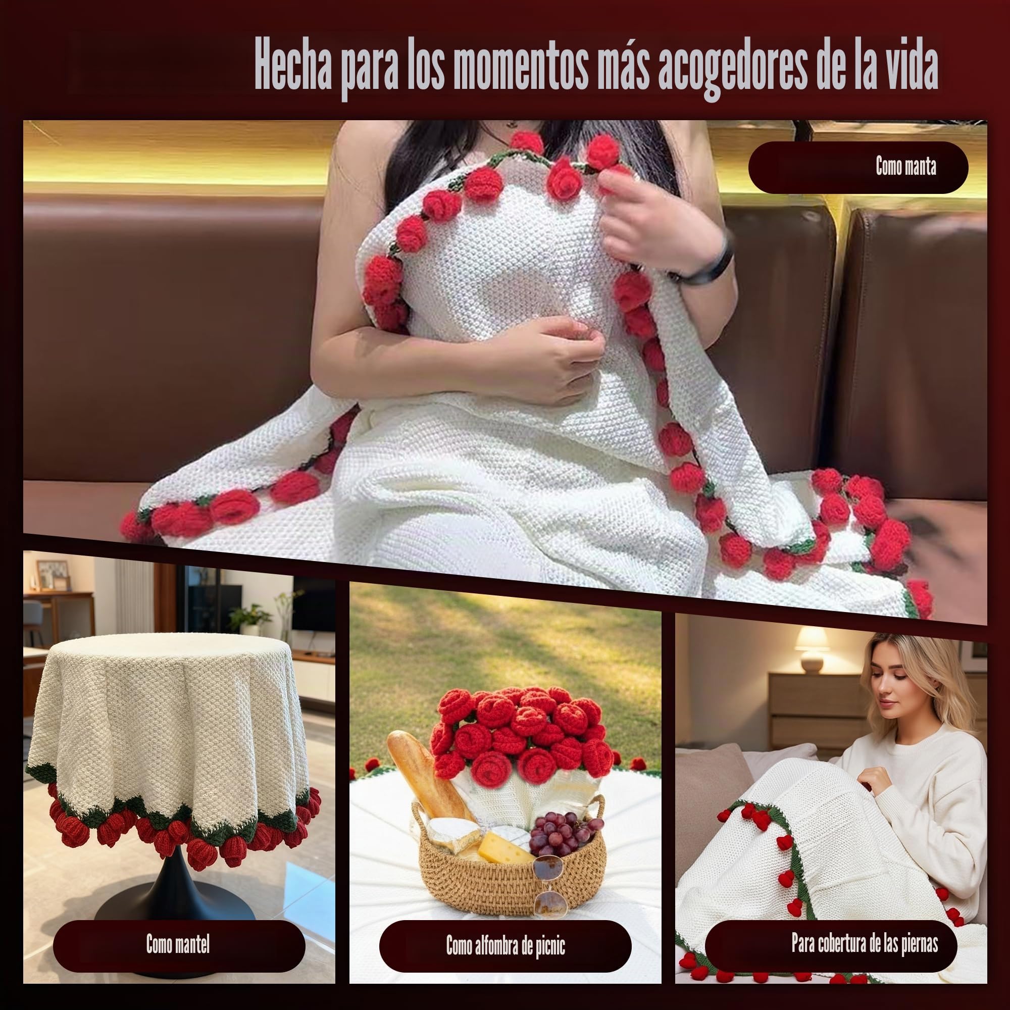 Manta de Ramo de Flores Tejida a Mano, 110cm con 68 Flores Rojas para Regalo de Cumpleaños, Día de la Madre, Día de San Valentín