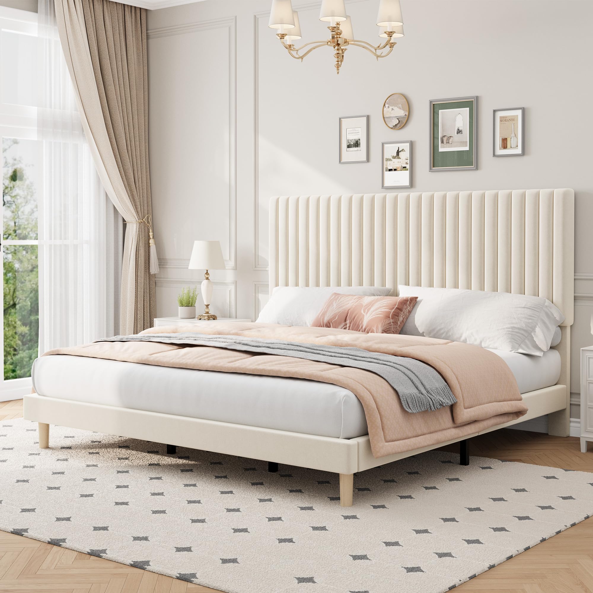 IDEALHOUSE King Size Bed Frame with Adjustable Headboard, Velvet Upholstered Platform Bed, Vertical Channel Tufted, Strong Wooden Slats, No Box Spring Needed, Easy Assembly, Beige