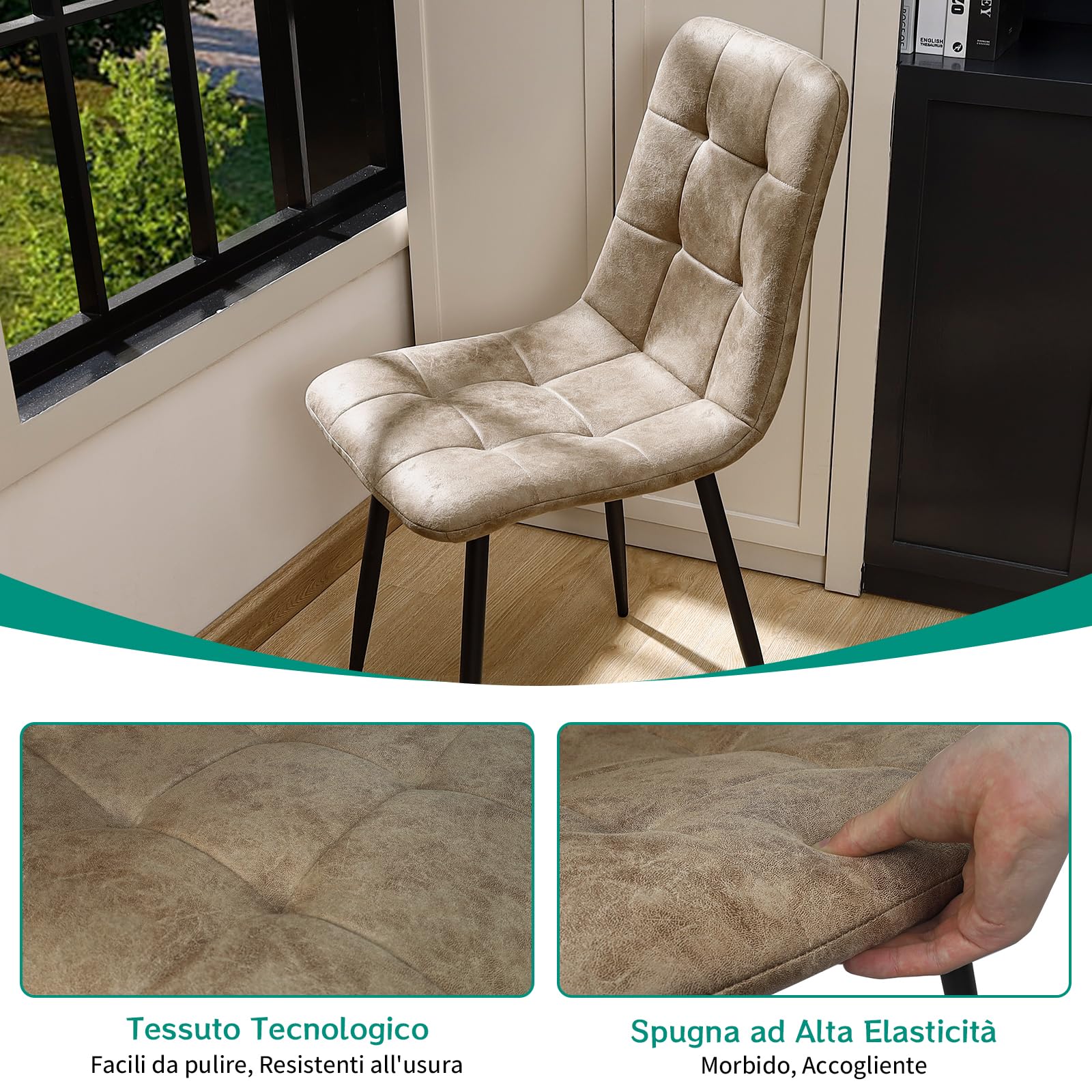 JIJIAN Set di 2 Sedie Sala da Pranzo, Sedie da Cucina in Tessuto Tecnologico, Sedie imbottite per Soggiorno con Gambe in Metallo Nero, Adatte per Sala da Pranzo, Sala d'attesa, Cachi