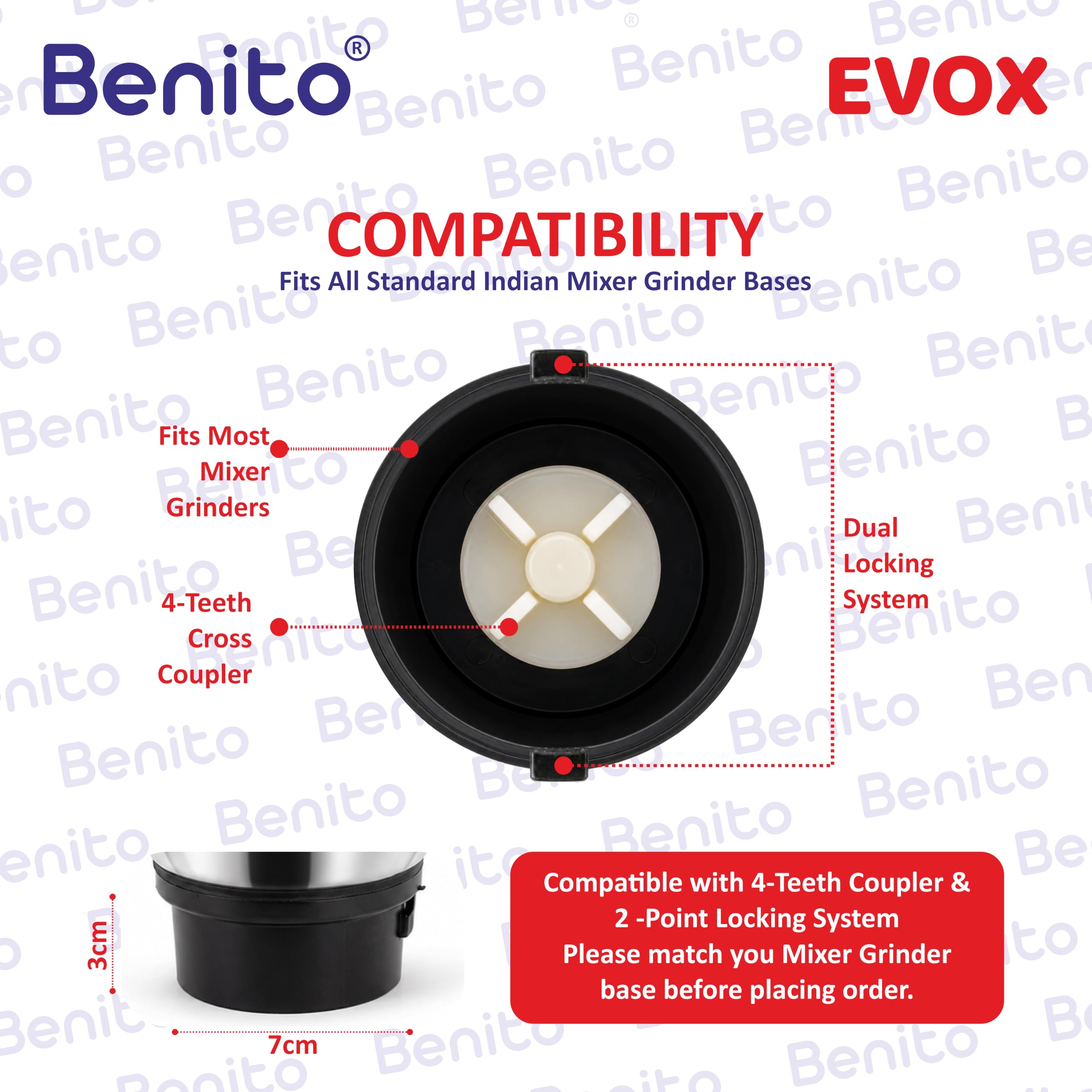 Benito Evox Stainless Steel Dry & Wet Jar (1500ml) for Mixer Grinder – Compatible with 4-Teeth Coupler & Dual Locking System — Amazon image 4