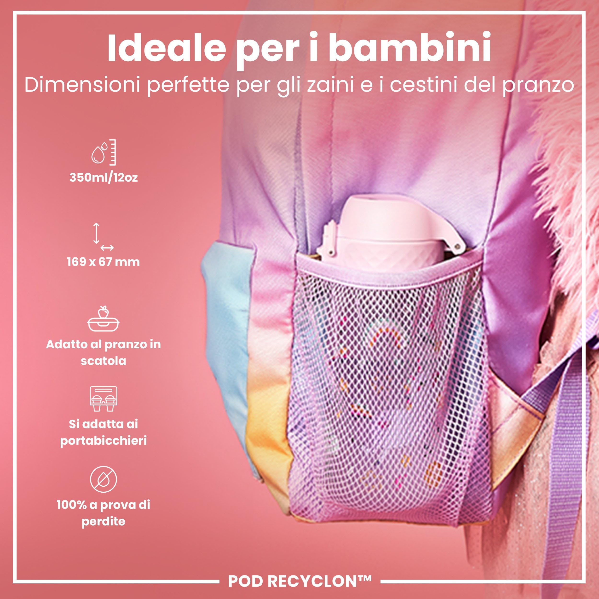 Ion8 Borraccia per Bambini, 350 ml, a Prova di Perdite, Facile da Aprire, Serratura Sicura, Lavabile in Lavastoviglie, Senza BPA, Maniglia per il Trasporto, Facile Pulizia, Unicorni Rosa