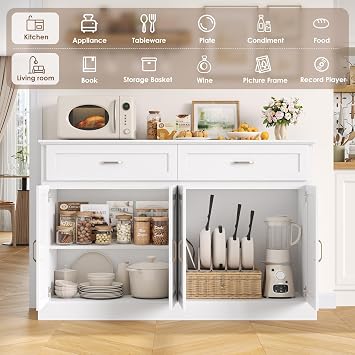 FirFurd Sideboard 140cm White Kitchen Storage Cabinet with Doors & Drawers | Kitchen Buffet Cabinet with Adjustable Shelves and Raised Base, Large Sideboard for Living Room Dining Room 140x39.5x92.2cm