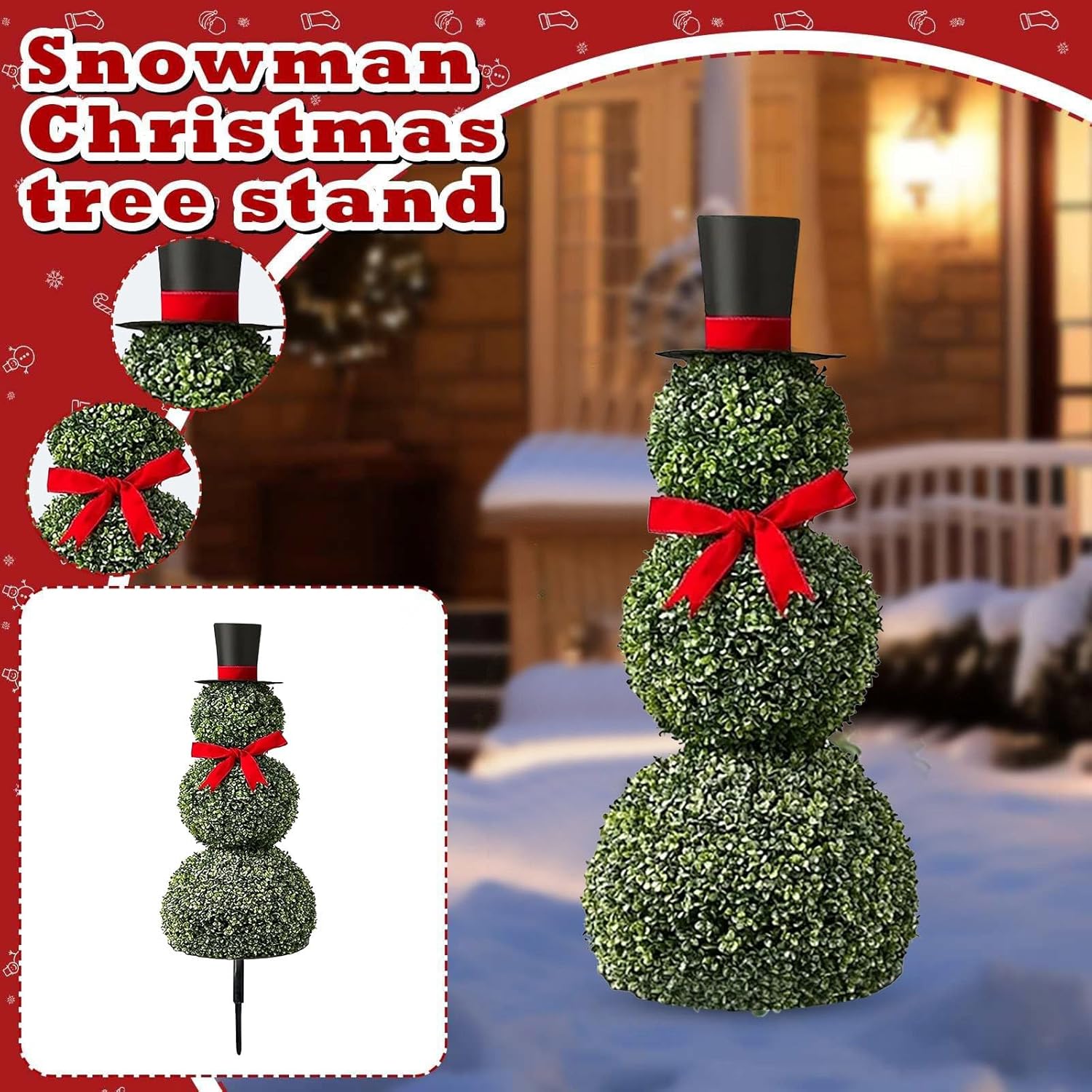 Christmas Snowman Topiary Trees Artificial Outdoor Plants - 32'' Boxwood Topiaries with Red Bow Hat Tie, Faux Topiary Outdoor Plants for Home Front Porch Door Decor Outside Garden