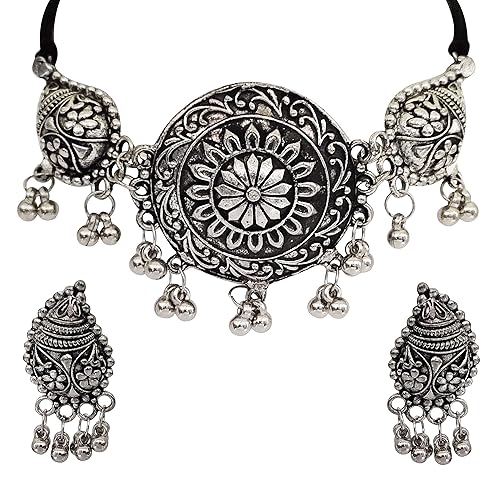 C&G INDIA Oxidised Silver Designer Jewellery Choker Necklace Set for Women & Girls