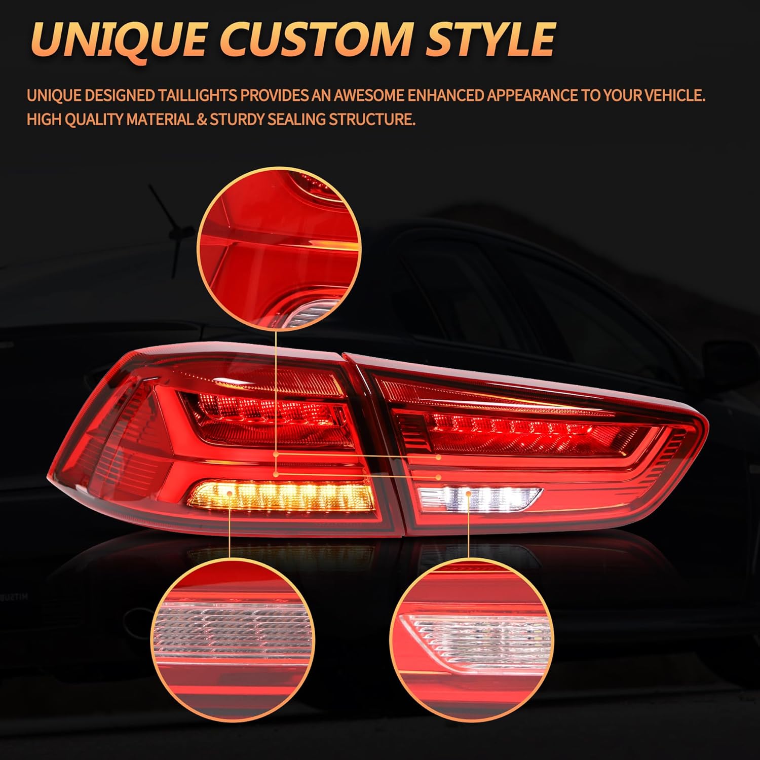 VLAND Tail Lights compatible with Mitsubishi Lancer & EVO X 2008-2020(Not For Sportbacks/fortis/io), Rear Lights Assembly with Sequential Turn Signal, 1 Pair (Red&Clear)