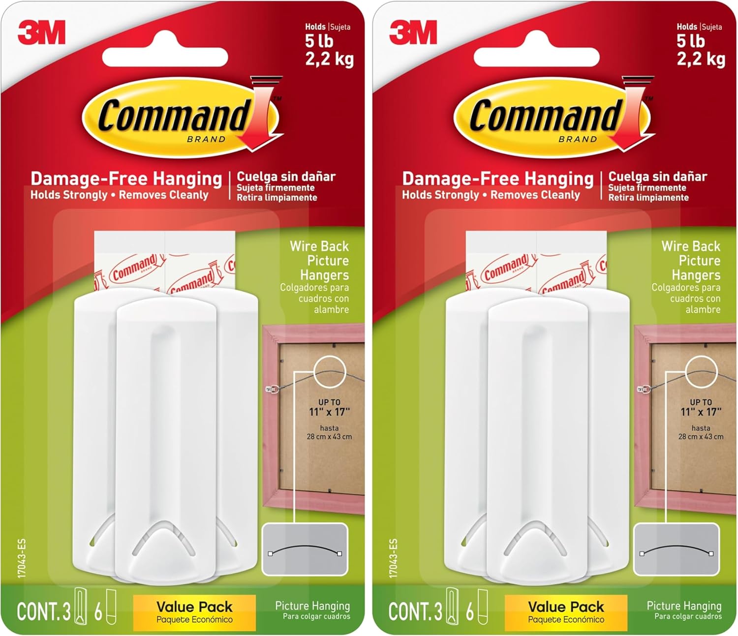 Command Wire-Back Picture Hangers, Indoor Use, 3-Hangers, 6-Strips, Decorate Damage-Free (Pack of 2)