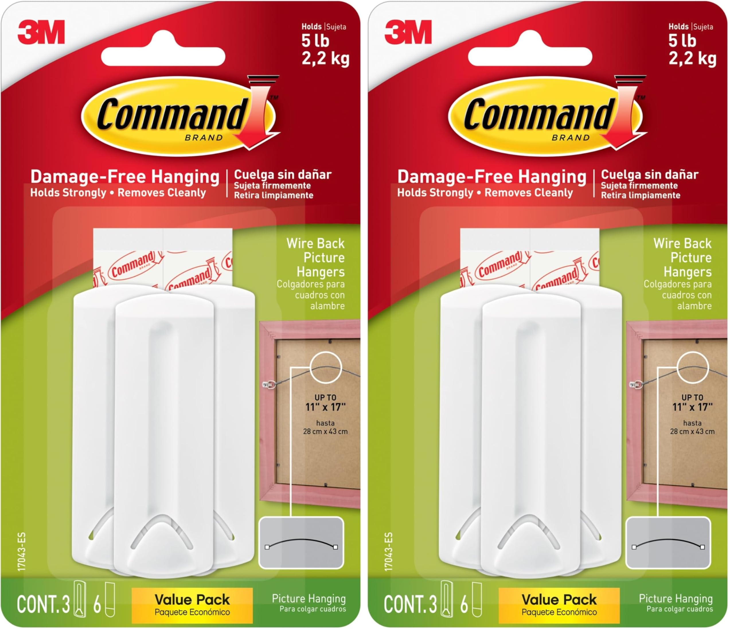 Command Wire-Back Picture Hangers, Indoor Use, 3-Hangers, 6-Strips, Decorate Damage-Free (Pack of 2)