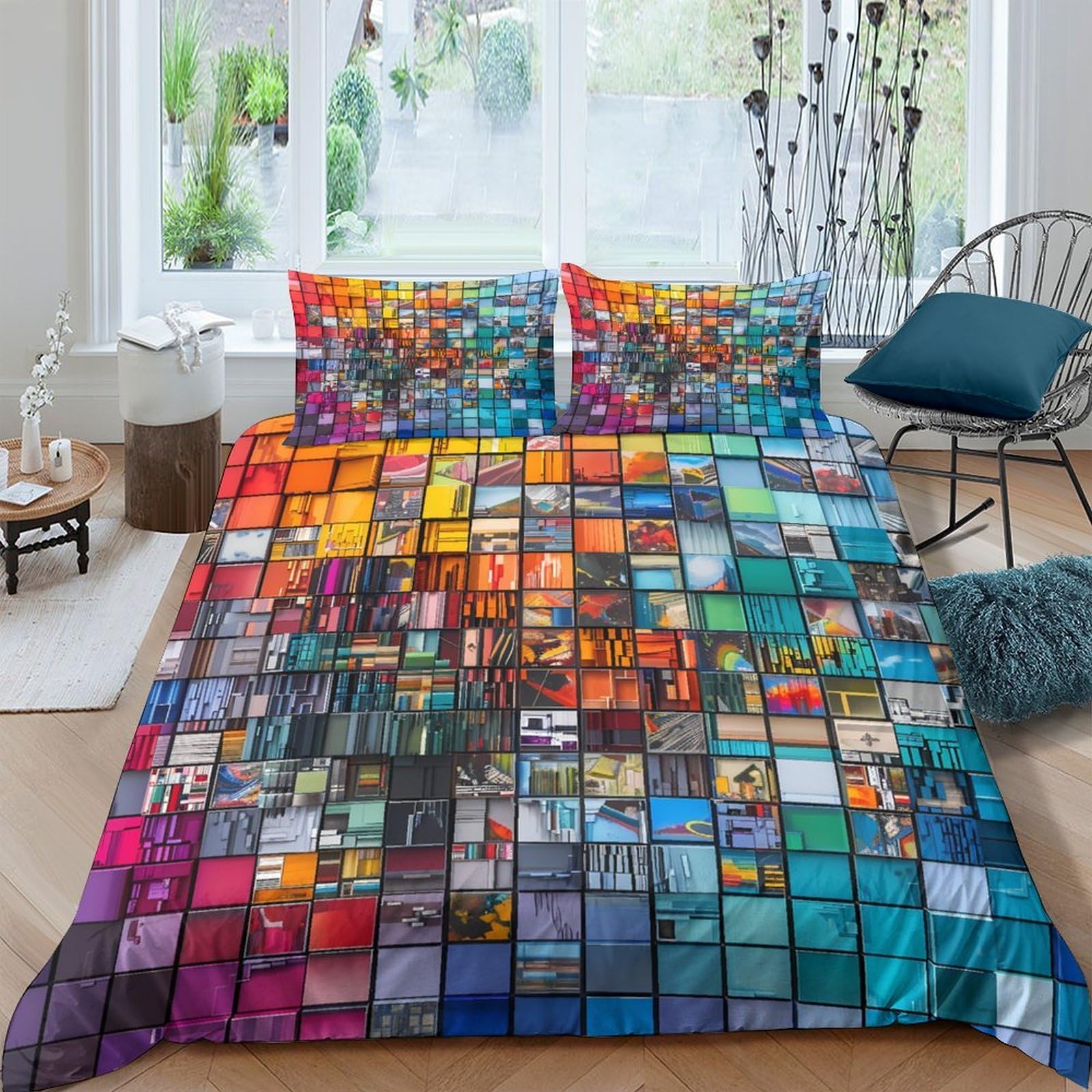 Ctjqhvkz Style-1 3D Printed Colorful Mosaic Fitted Sheet Microfiber Soft Breathable Abstract Geometric Bed Cover For Bedroom Dorm Mattress Decor Single（135X200cm）