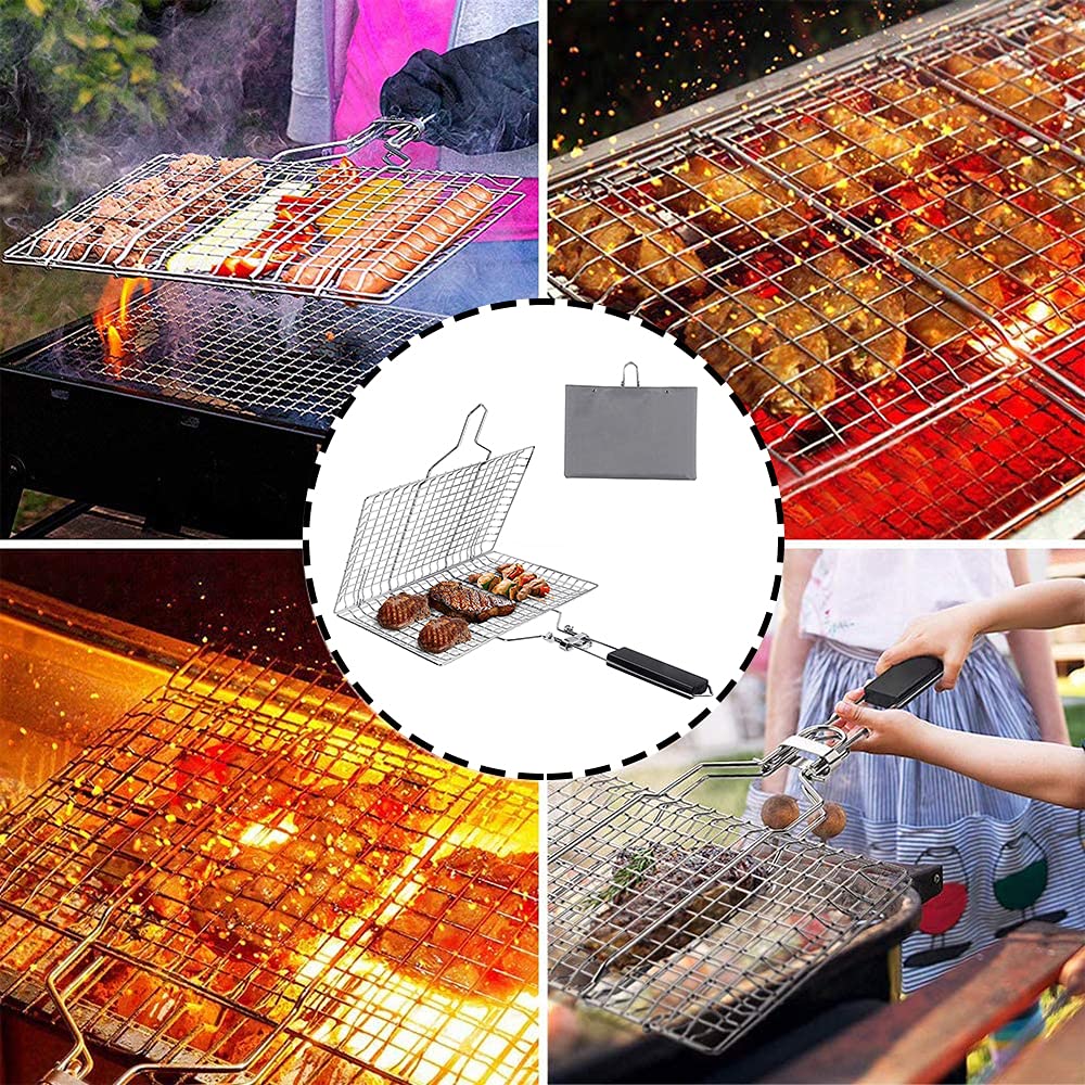 Panier à Griller En Acier Inoxydable pour Barbecue - Pliable avec Poignée Amovible pour Poisson, Steak, Crevette