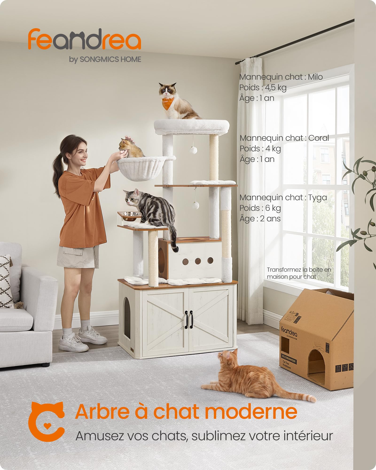 Feandrea Arbre à Chat de 170 cm, avec Cache-Litière, Niche, Station d’Alimentation, Rangement, Poteaux à Griffer, Hamac, Coussins Lavables, Marron Miel et Blanc Rustique PCT169W201