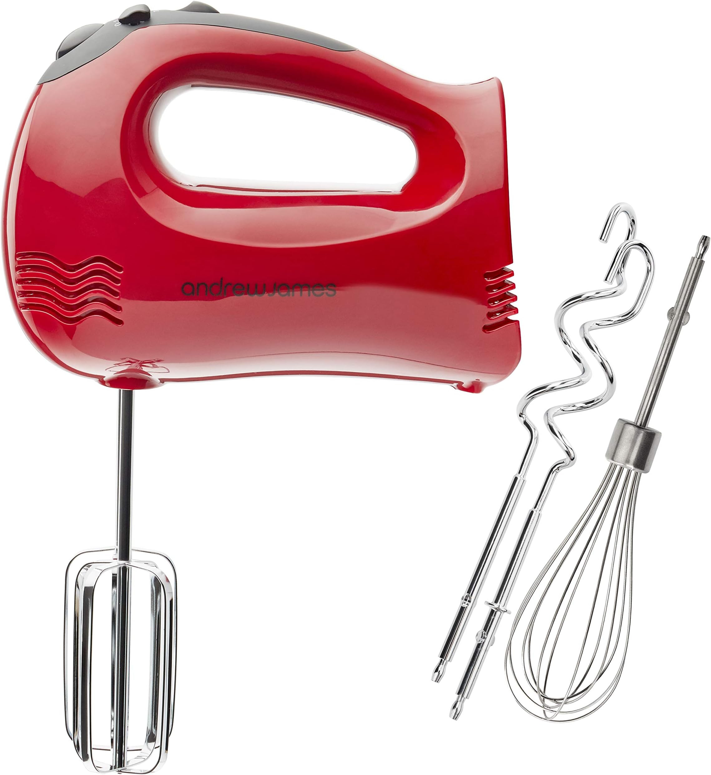 Andrew James Professional Hand Mixer in Red, 300 Watts Electric Mixer, Includes Beaters, Dough Hooks and Balloon Whisk, 5 Speed with Turbo Button