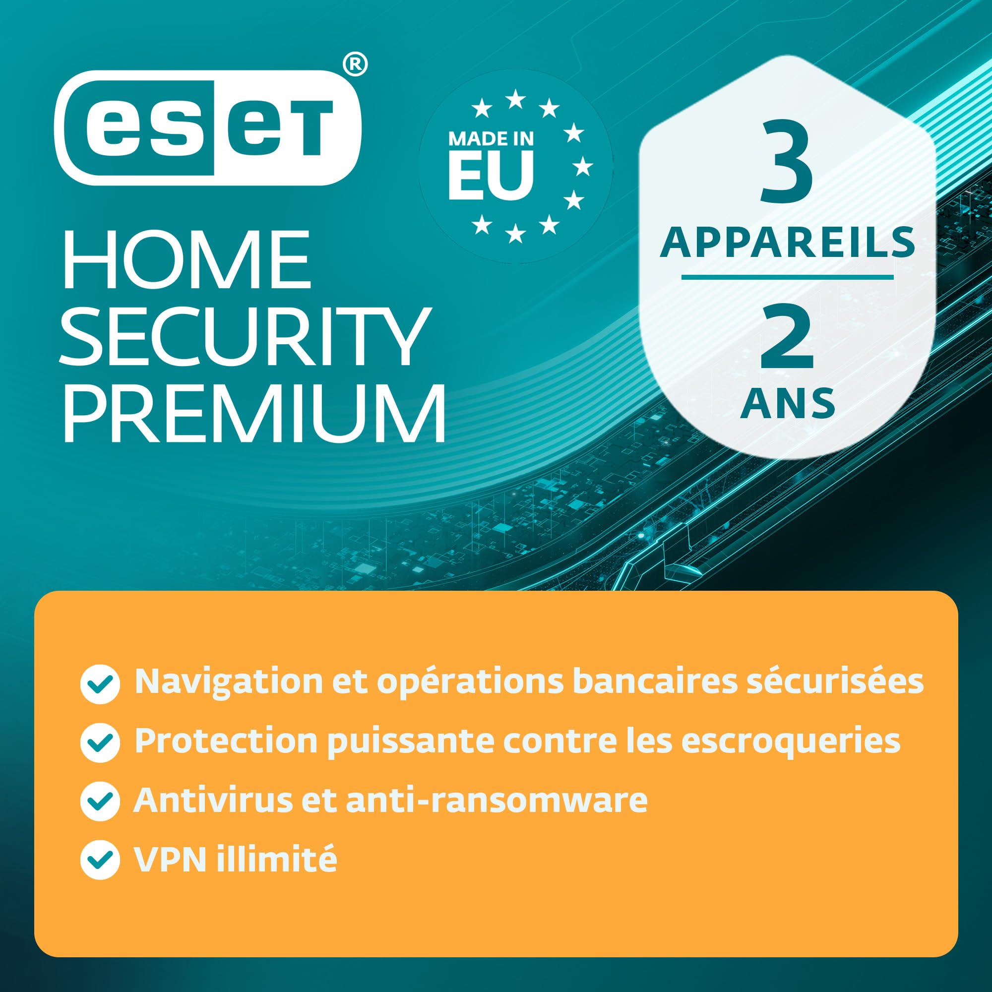 ESET HOME Security Premium 2026 | 3 appareils | 2 ans | Suite de sécurité, VPN, Pare-feu, Chiffrement renforcé | Windows, MacOs, Android & iOS | Code d'activation envoi par email